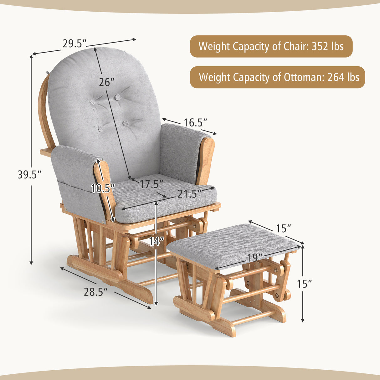 Wood Glider and Ottoman Set with Padded Armrests and Detachable Cushion-Natural
