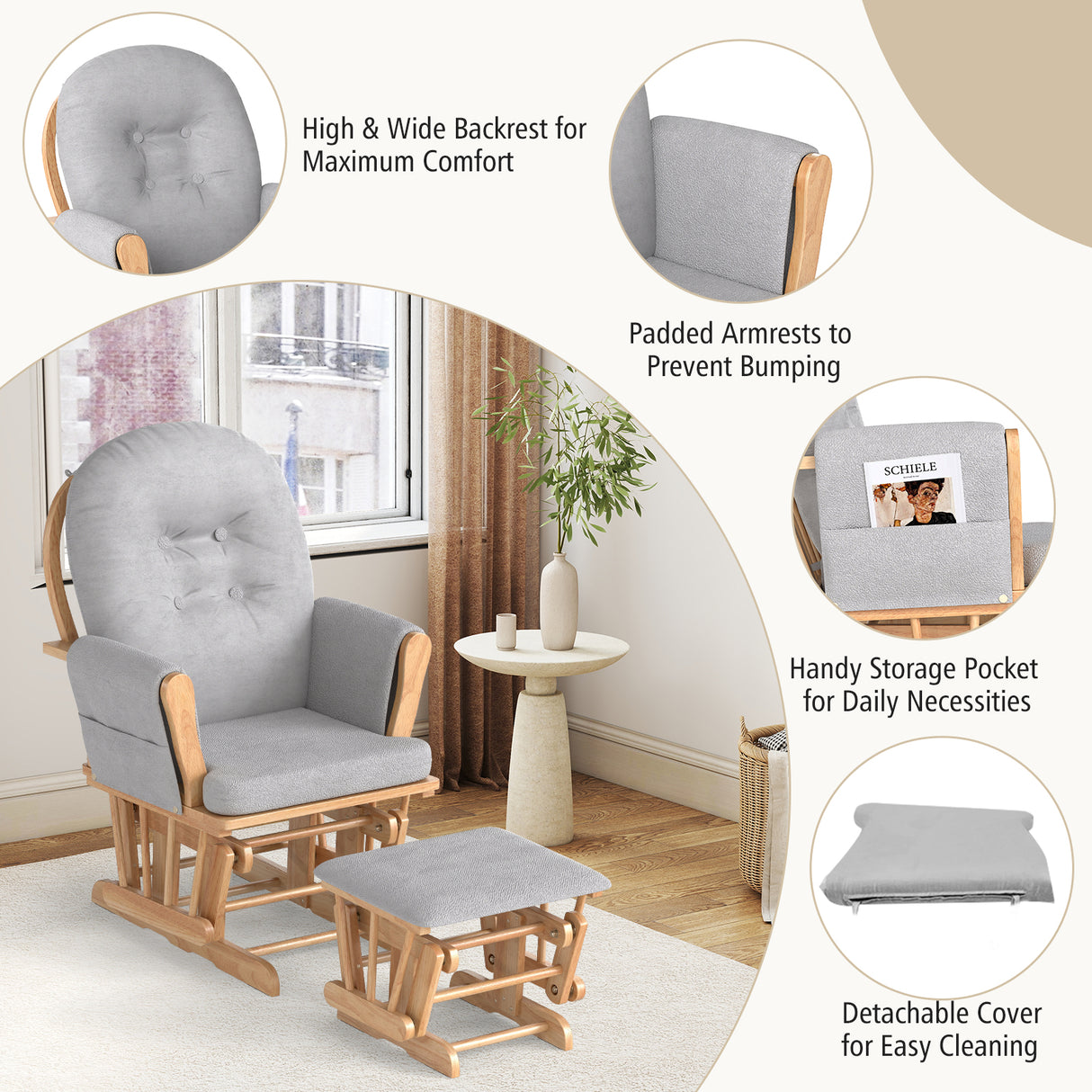Wood Glider and Ottoman Set with Padded Armrests and Detachable Cushion-Natural