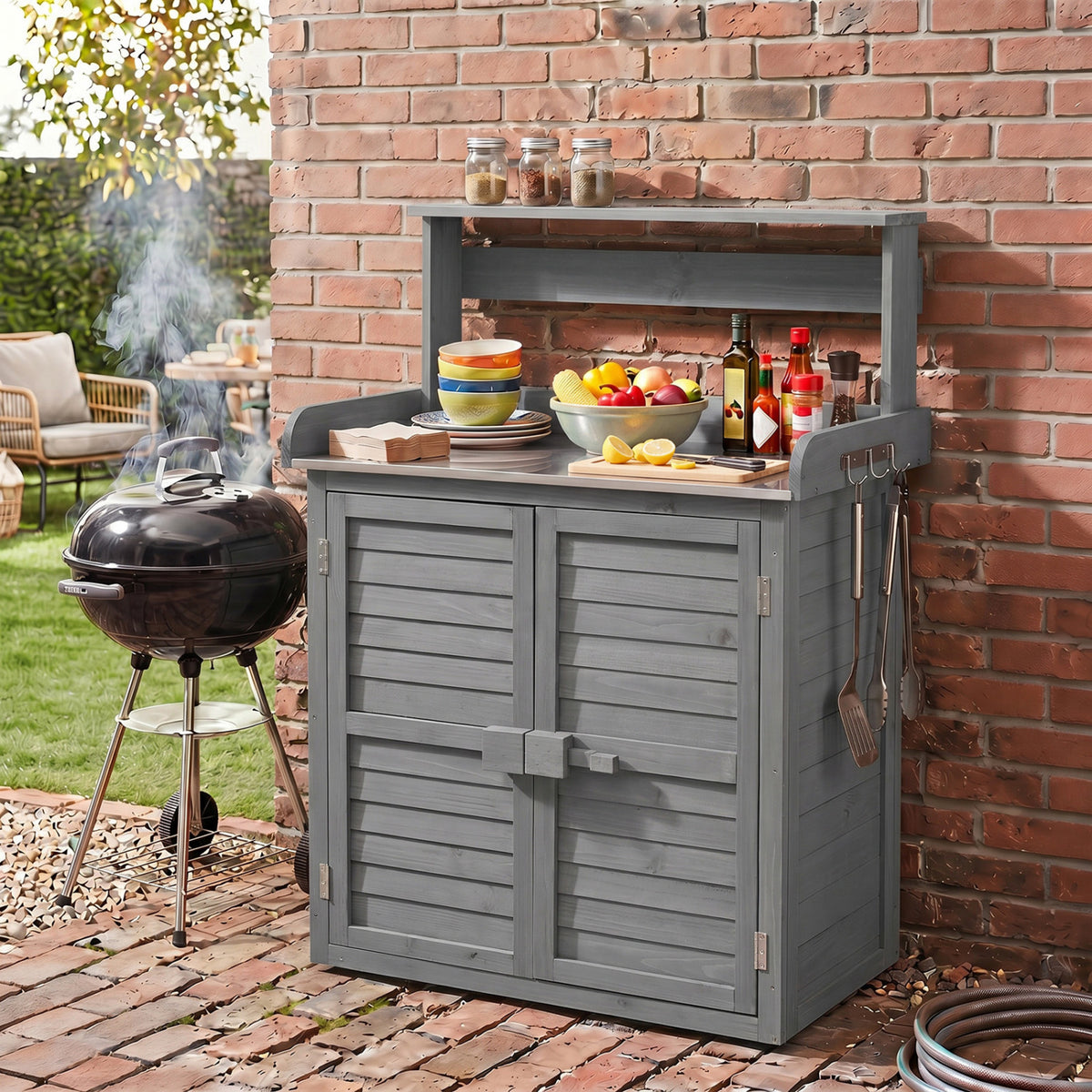 Wood Plant Workstation with Stainless Steel Tabletop and Removable Shelves-Gray