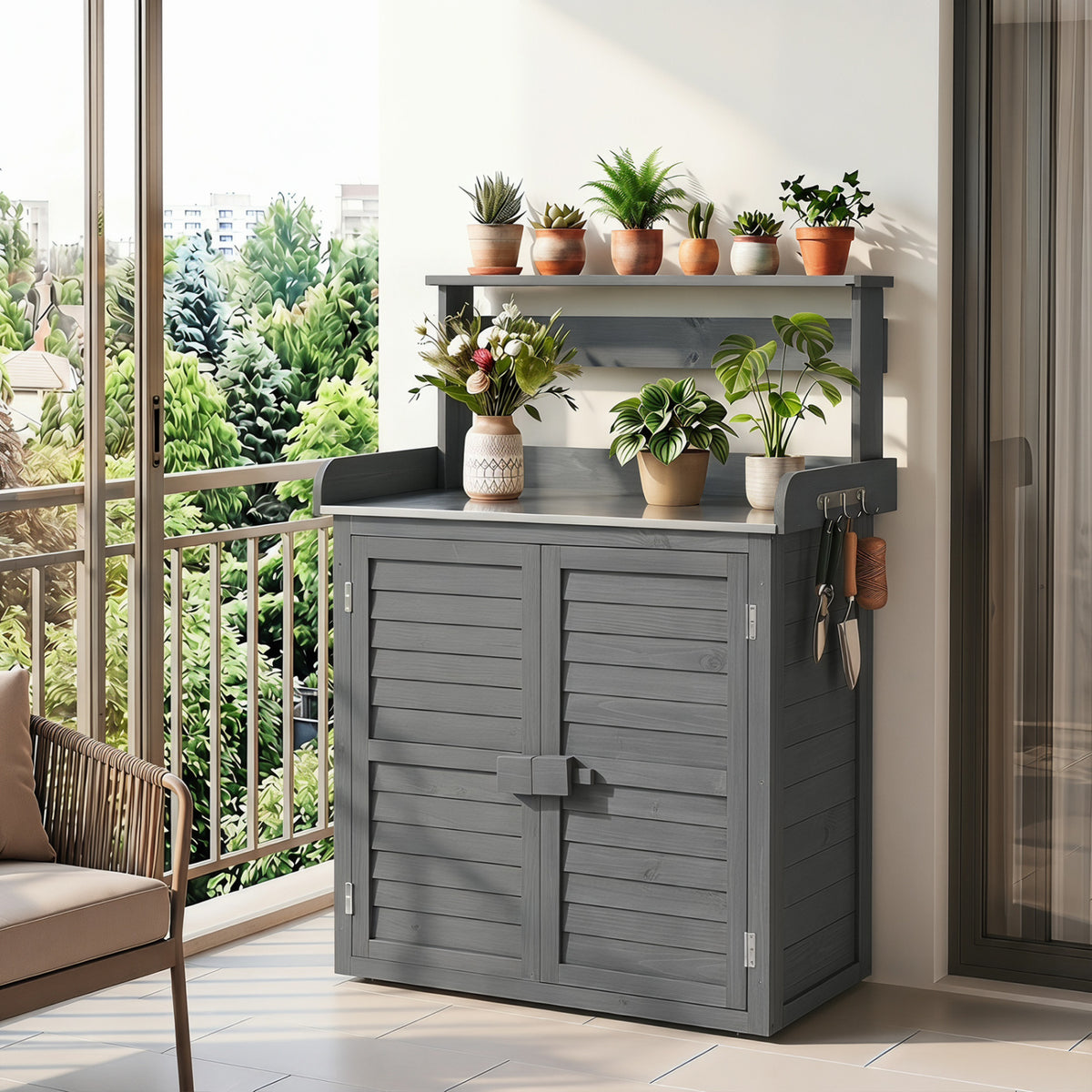 Wood Plant Workstation with Stainless Steel Tabletop and Removable Shelves-Gray