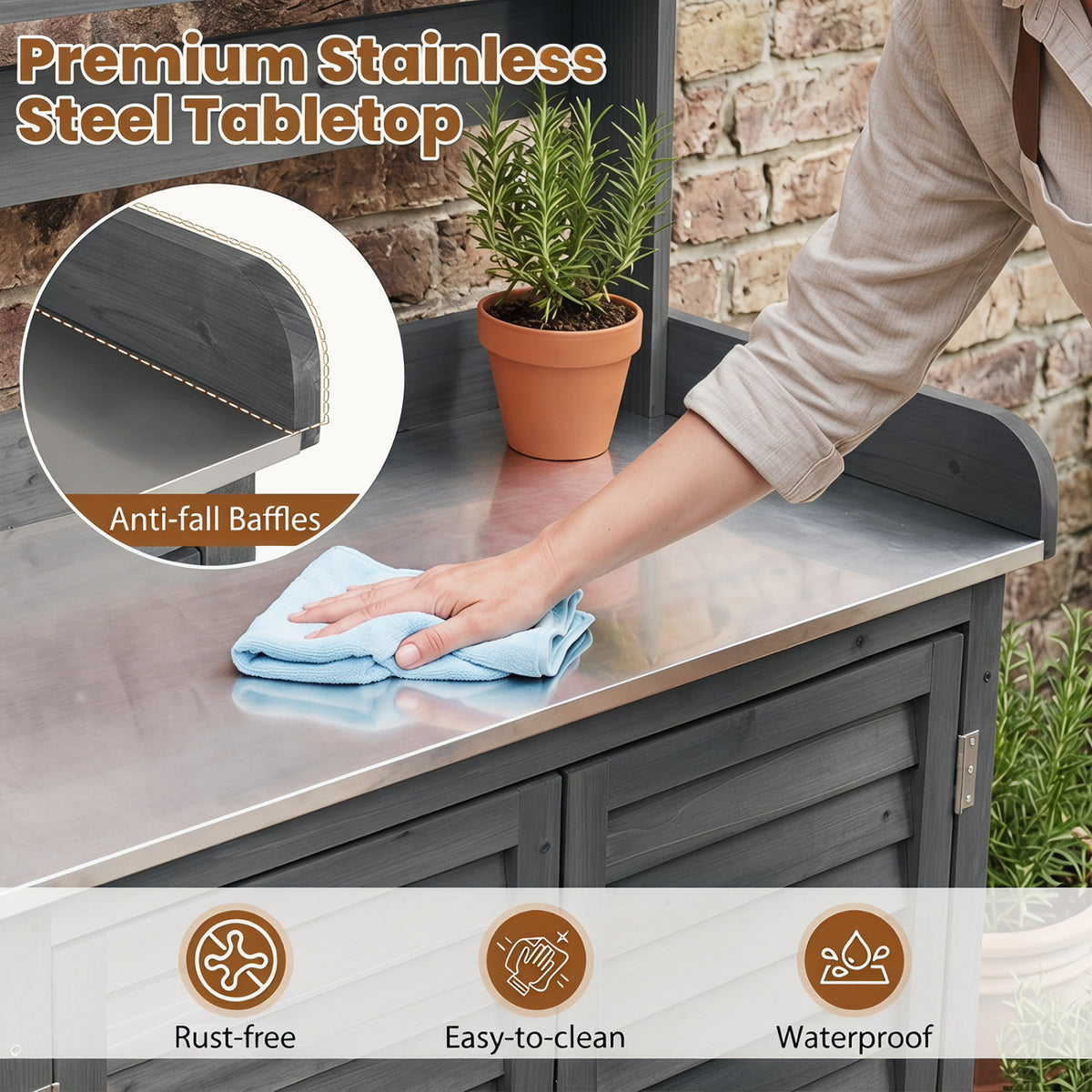 Wood Plant Workstation with Stainless Steel Tabletop and Removable Shelves-Gray