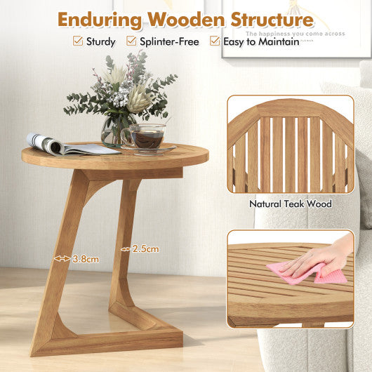 Teak Wood Side Table Round Sofa End Table with Slatted Tabletop