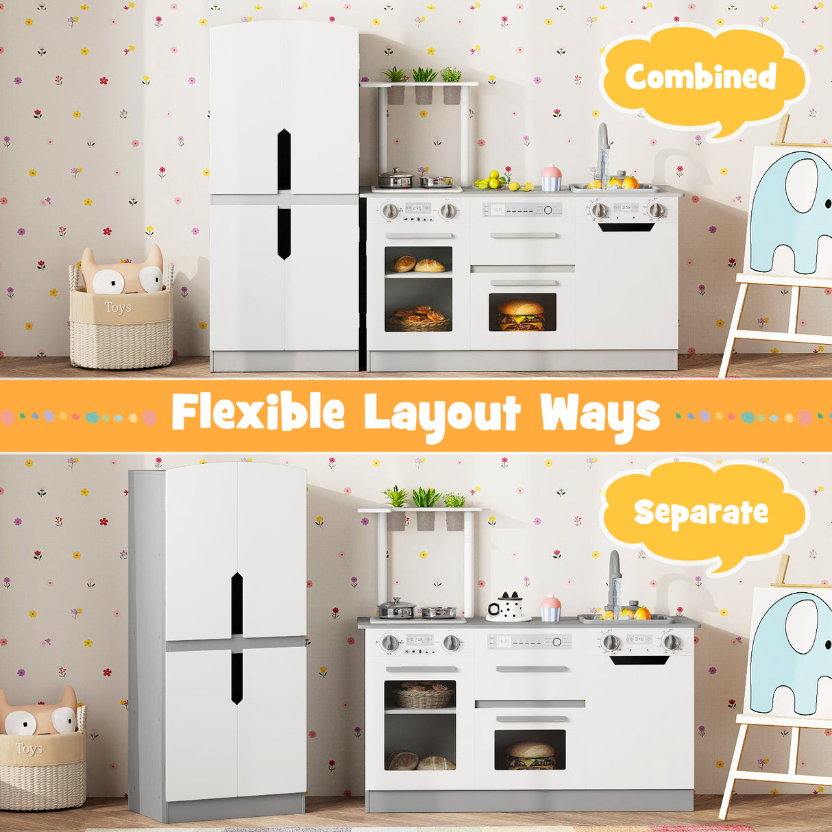 Wooden 2 Piece Kids Kitchen Playset with Fridge and Running Water-Gray