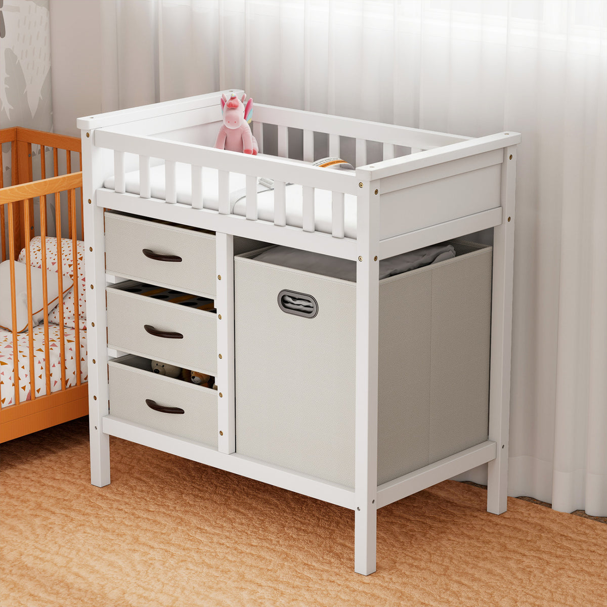 Wooden Baby Changing Table Diaper Changing Station with 3 Fabric Storage Drawers-Beige