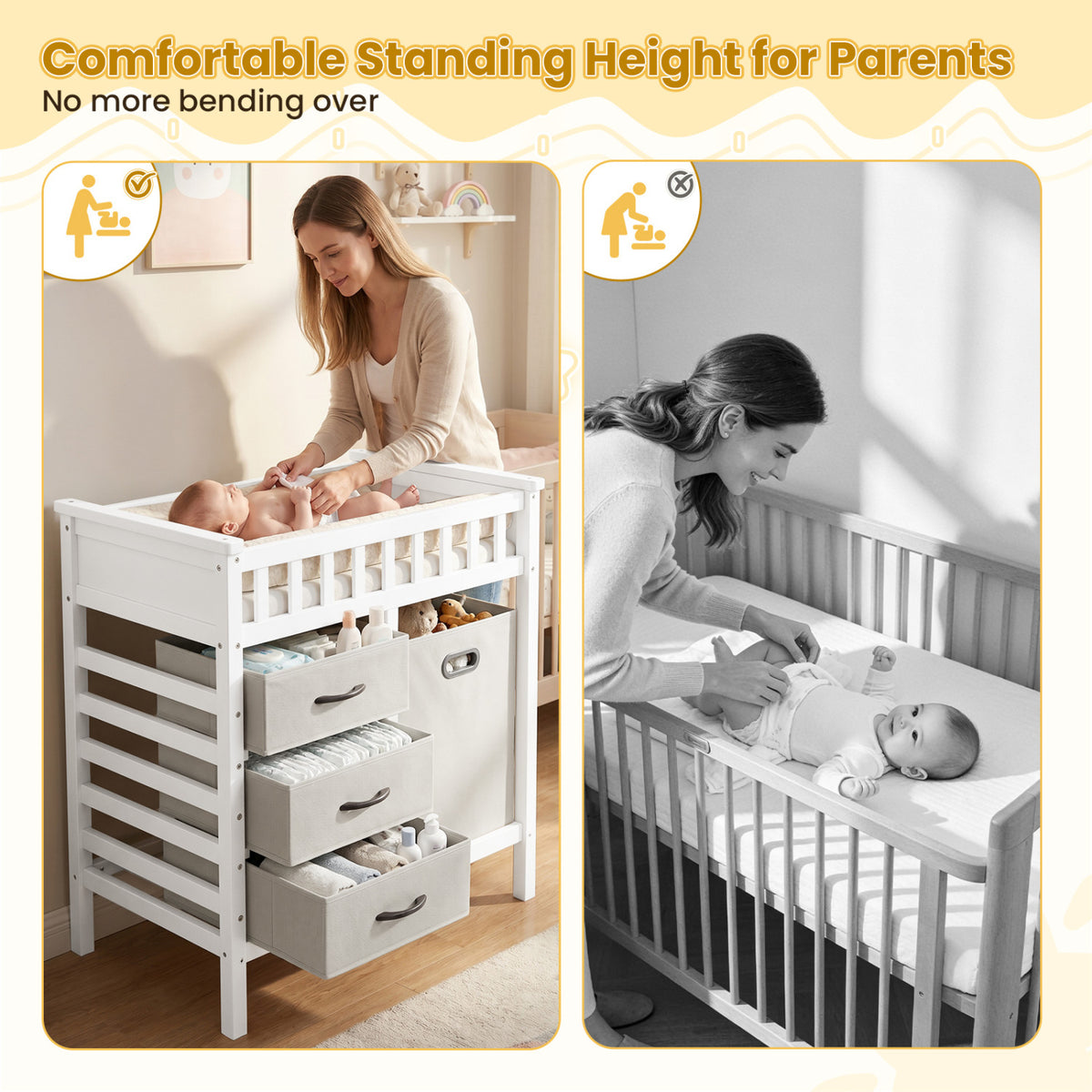 Wooden Baby Changing Table Diaper Changing Station with 3 Fabric Storage Drawers-Beige
