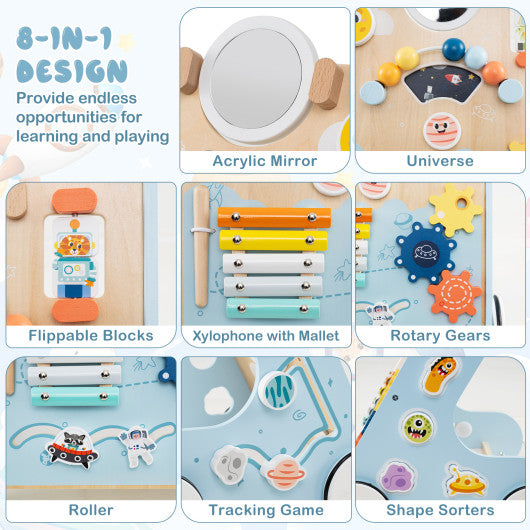 Wooden Baby Walker Push and Pull Learning Activity Center with Wheels for Toddlers 1+ Years Old-Blue