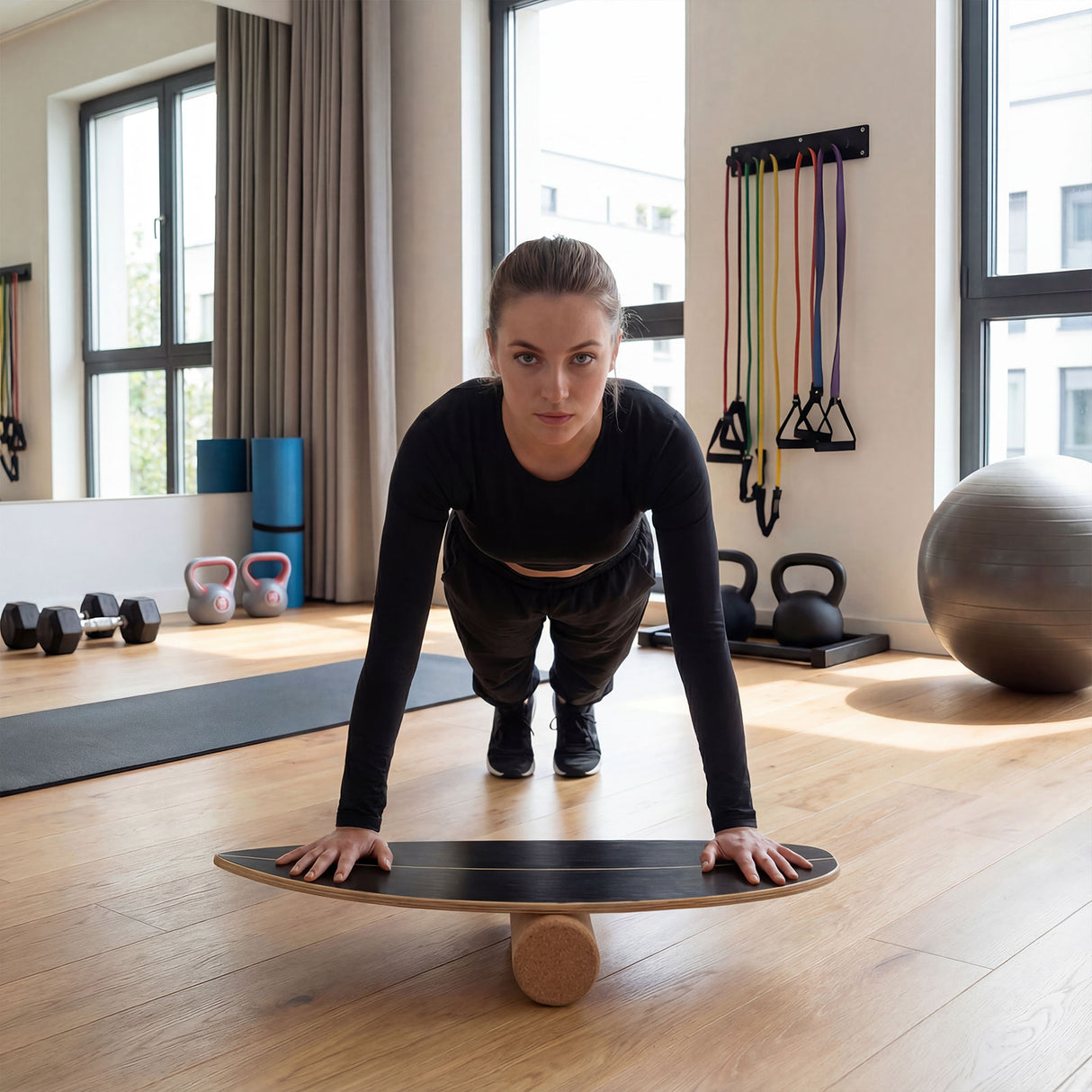 Wooden Balancing Board with Cork Roller and Storage Rack to Exercise-Black
