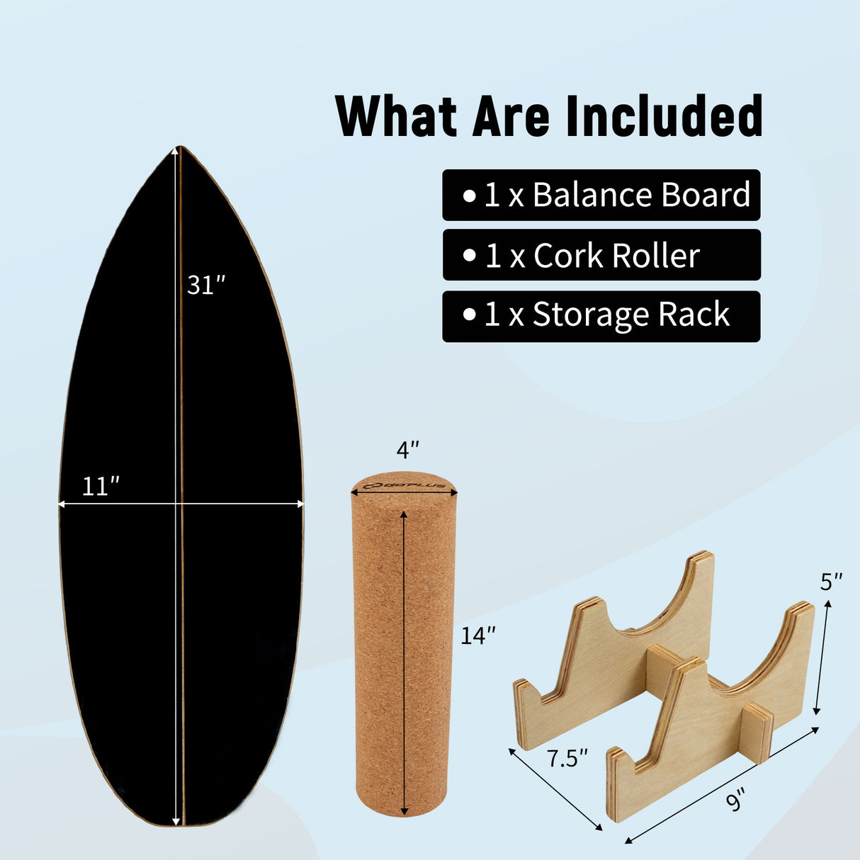 Wooden Balancing Board with Cork Roller and Storage Rack to Exercise-Black