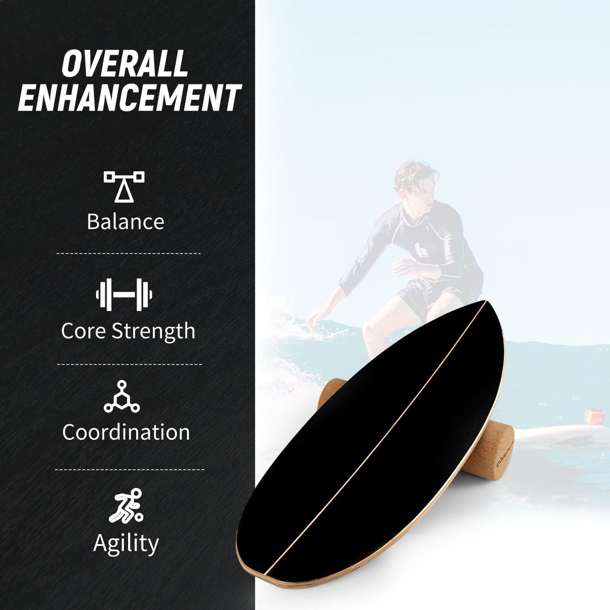 Wooden Balancing Board with Cork Roller and Storage Rack to Exercise-Black