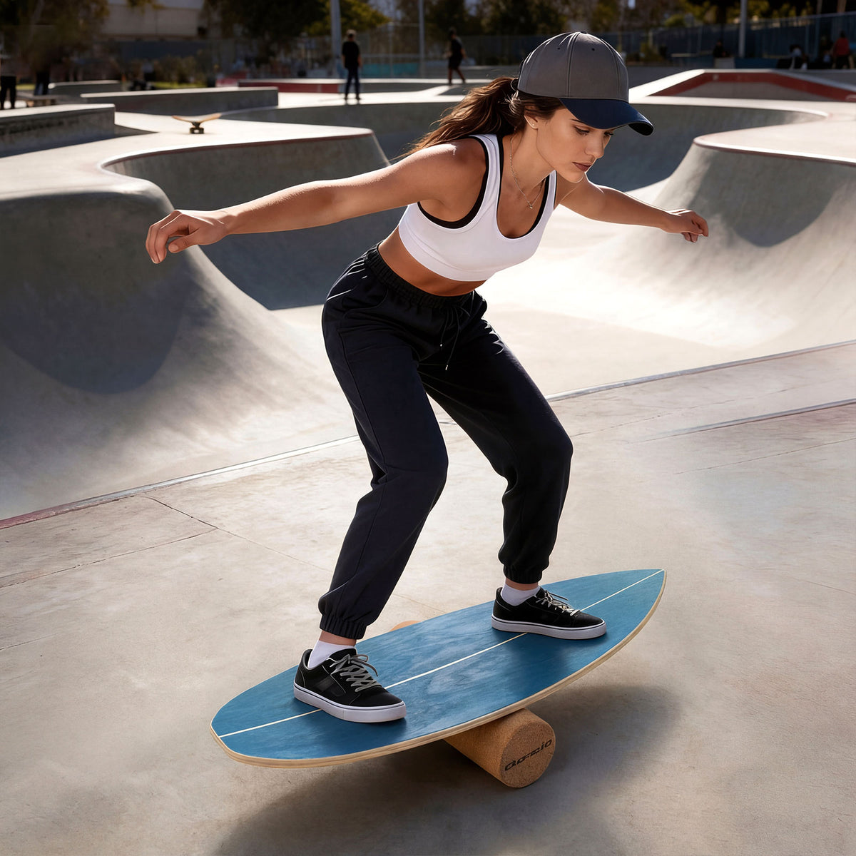 Wooden Balancing Board with Cork Roller and Storage Rack to Exercise-Blue