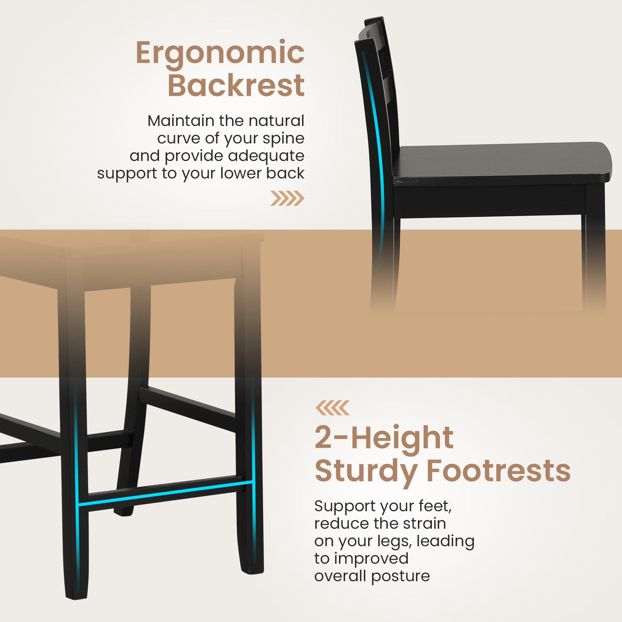 Wooden Bar Stools Set of 2 with Ergonomic Backrest and Footrest-Black