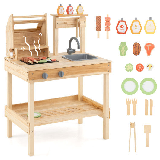 Wooden Barbecue Grill Playset with Play Food and Open Shelves-Natural