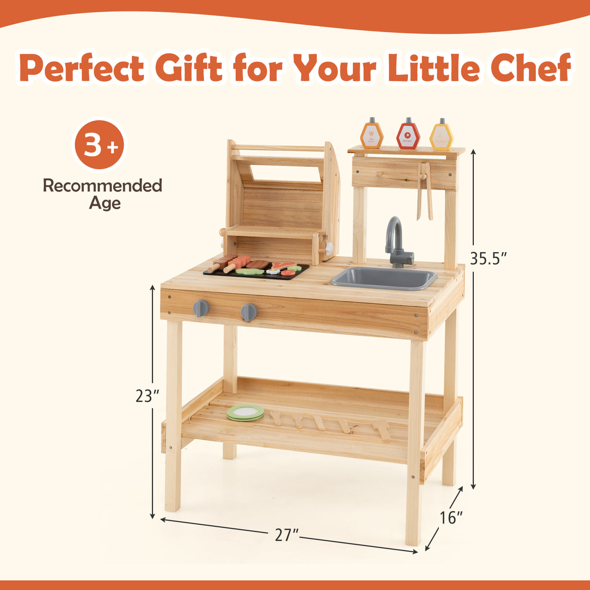 Wooden Barbecue Grill Playset with Play Food and Open Shelves-Natural