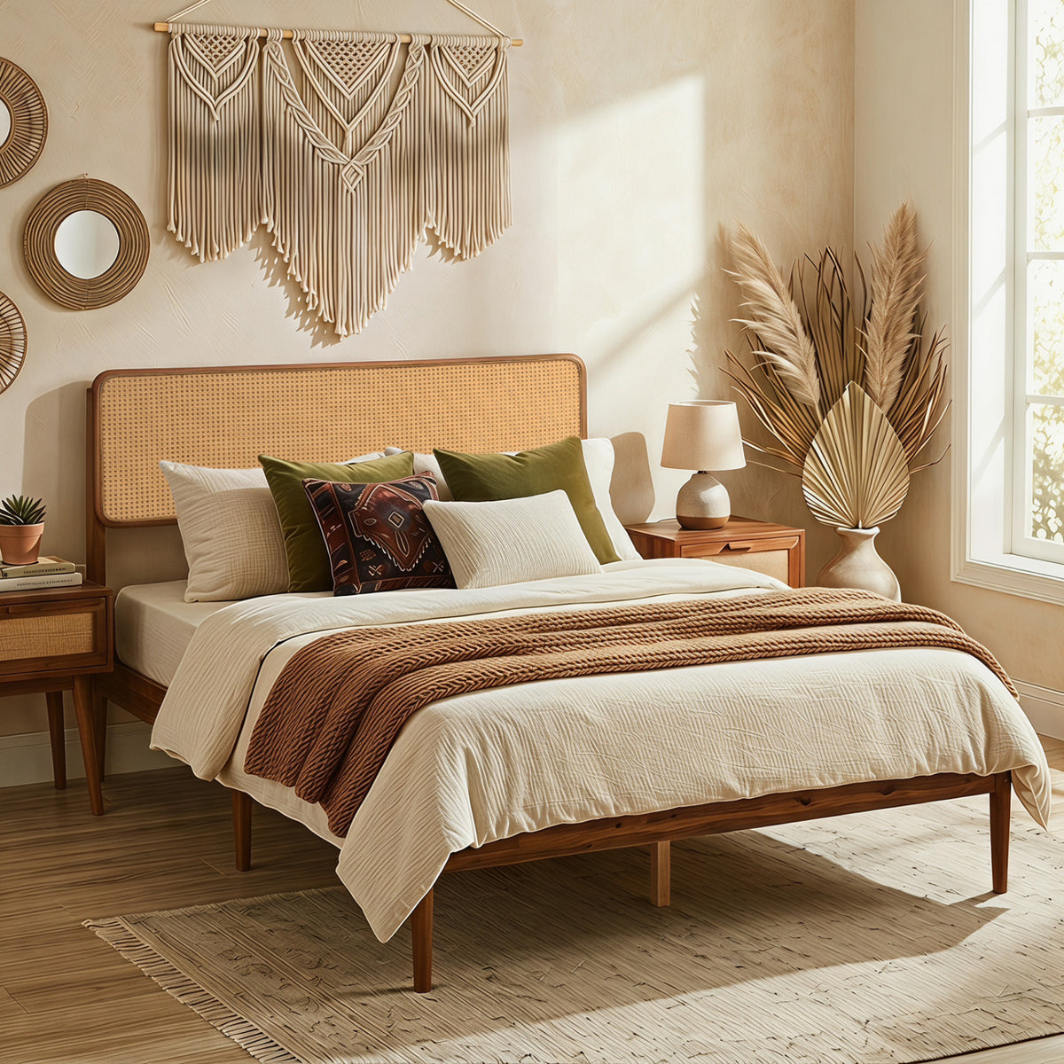 Wooden Boho Rattan Brown Bed Frame with Wooden Slat Support-Full