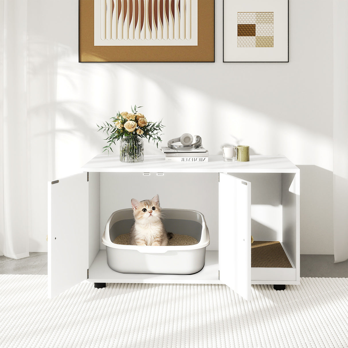 Wooden Cat Litter Box Enclosure Hidden Litter Box Furniture with Scratching Board-White