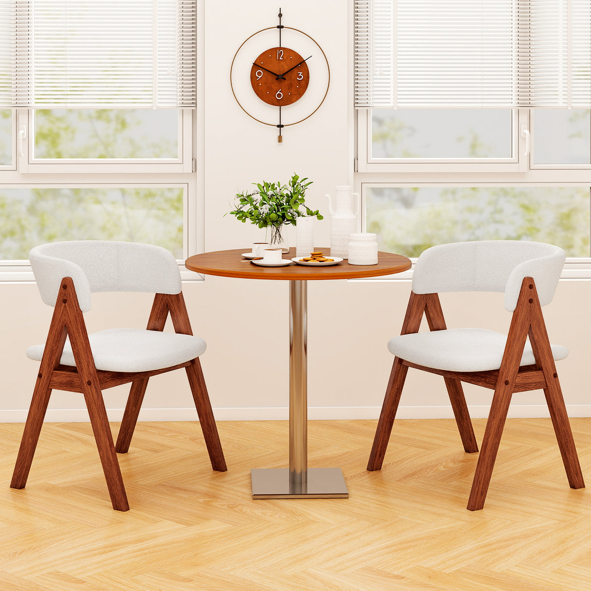 Wooden Dining Chair Set of 2 Mid-Century Modern Sherpa Upholstered Kitchen Dining Room Chairs-Walnut