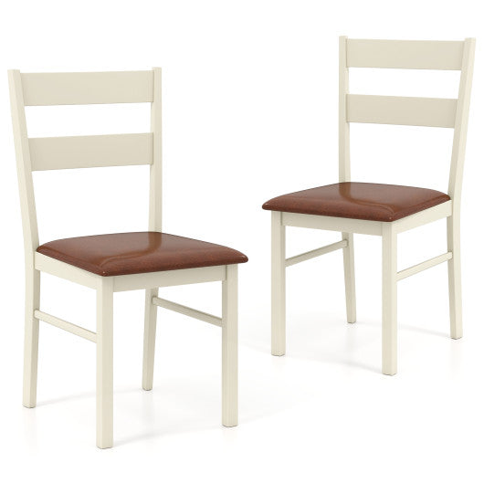 Wooden Dining Chair Set of 2 PU Leather Upholstered Kitchen Armless Chairs-White