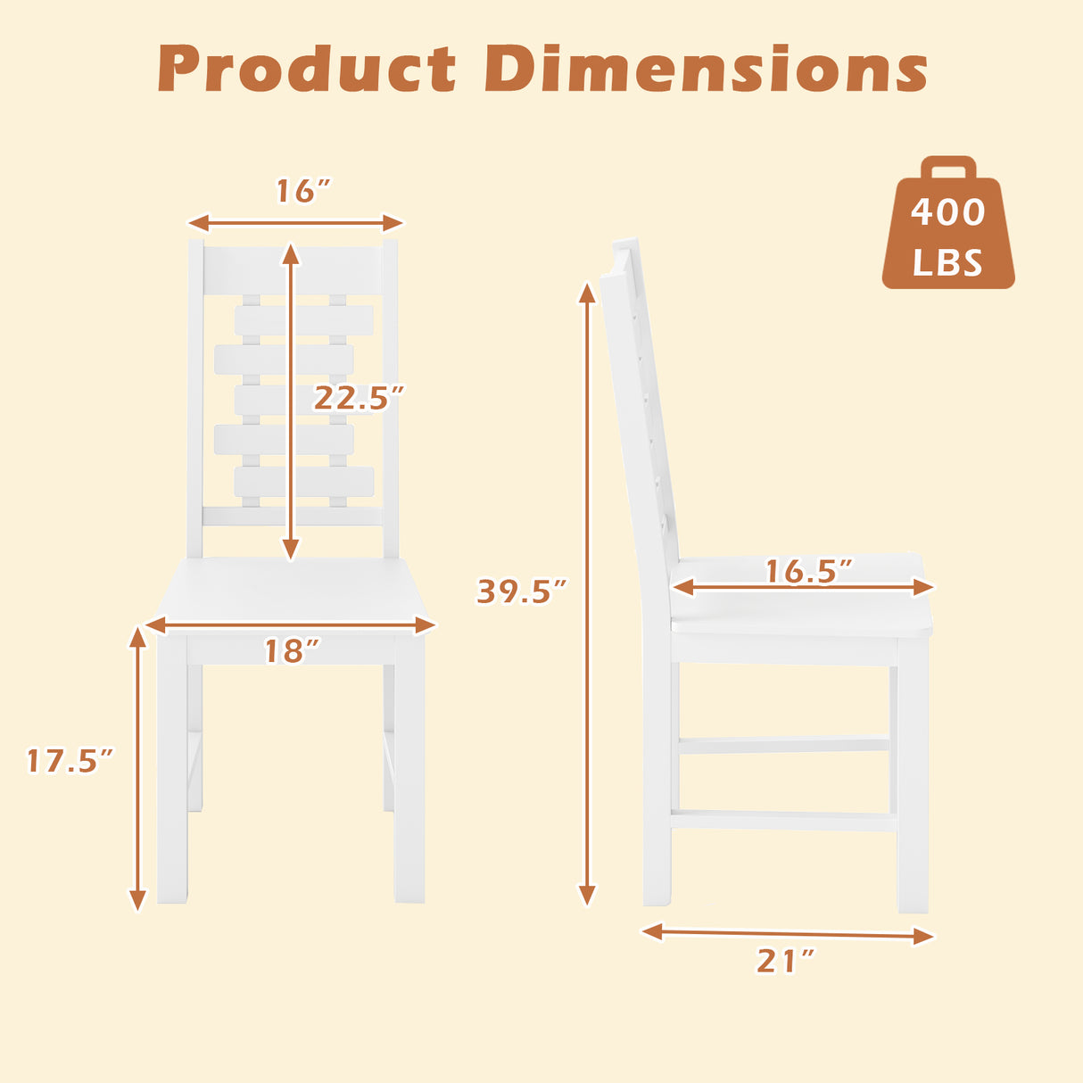 Wooden Dining Chair Set of 2 Solid Rubber Wood Kitchen Chairs-White
