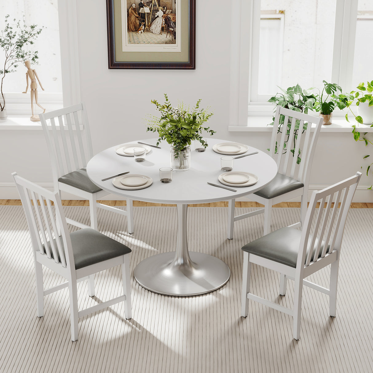 Wooden Dining Chair Set of 2 with Rubber Wood Frame and Padded Seat-White