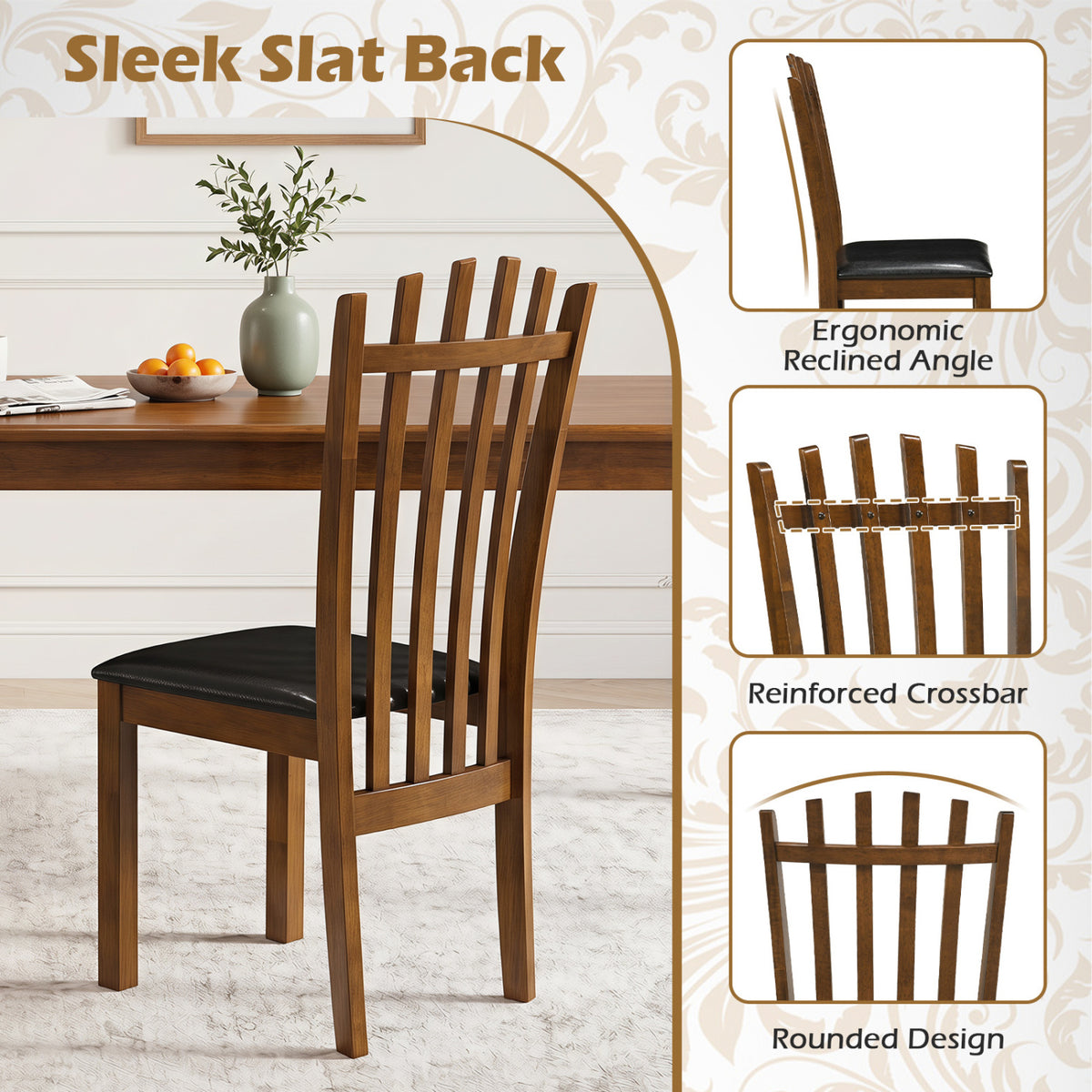 Wooden Dining Chair Set of 4 with Spindle Back & PU Leather Seat-Black