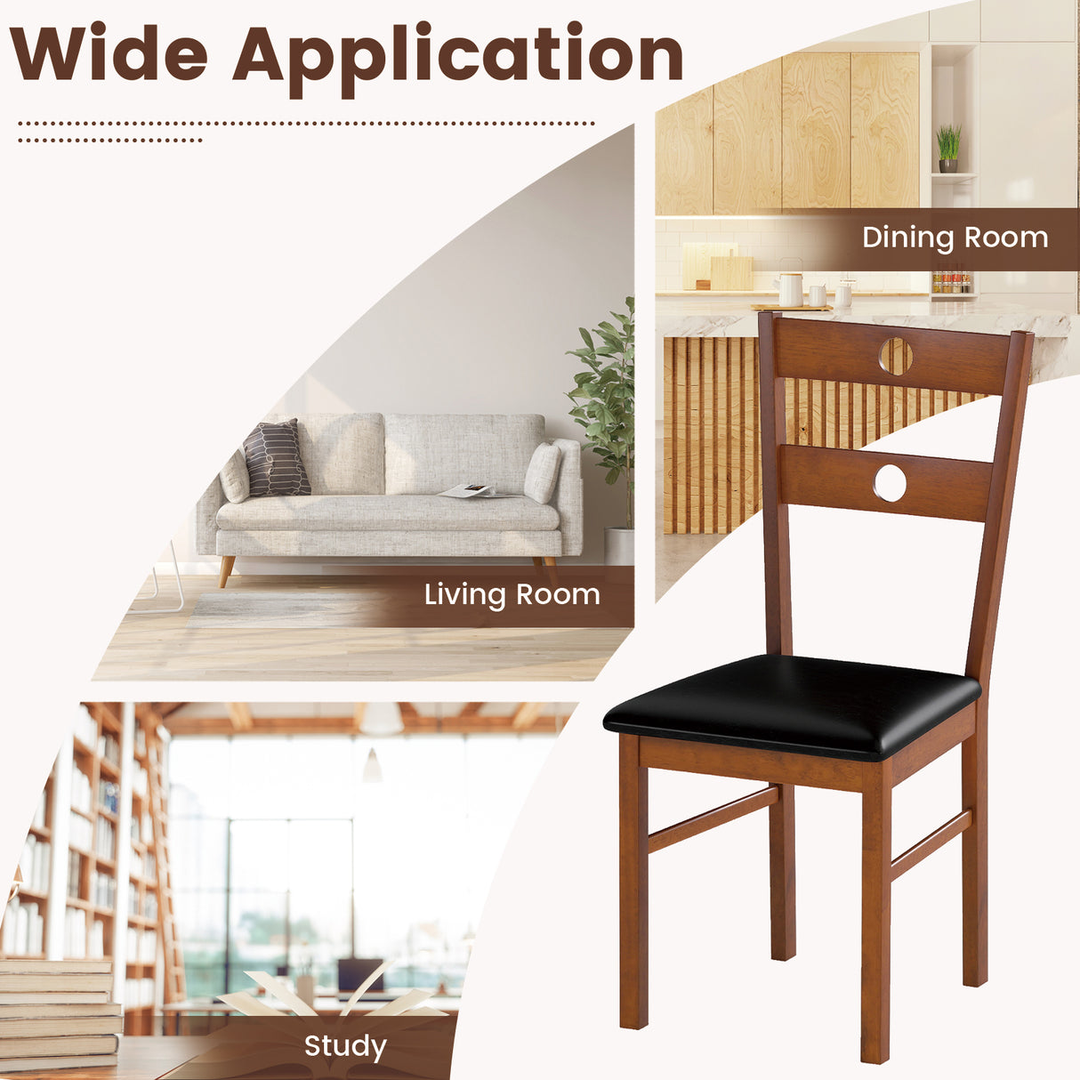 Wooden Dining Chairs Set of 2 Armless Kitchen Chairs with Hollowed Backrest-brown