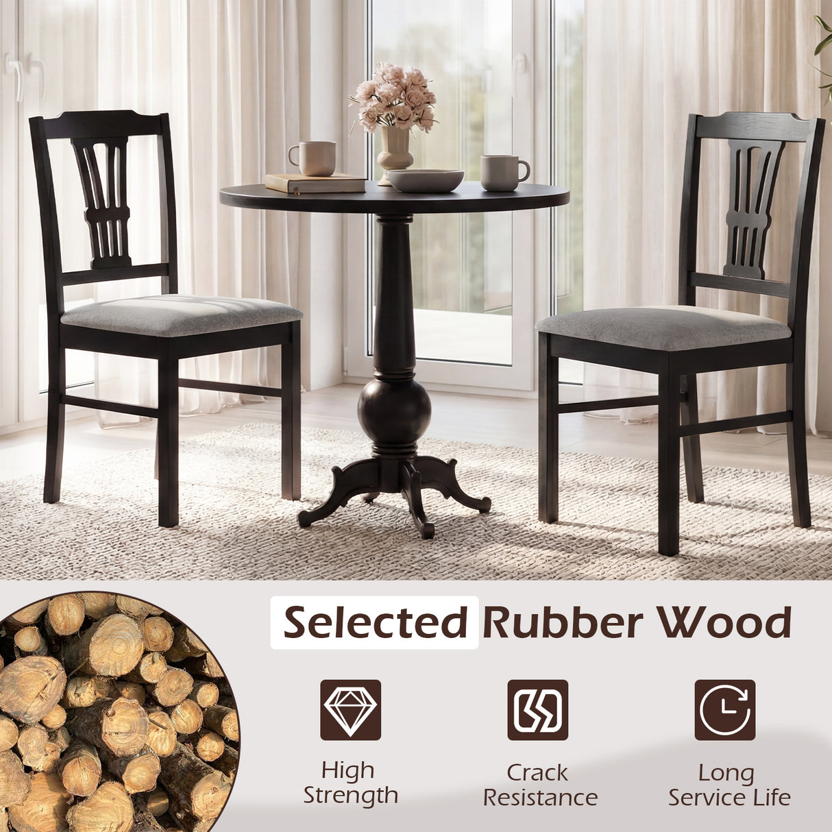Wooden Dining Chairs Set of 2 Upholstered Kitchen Chairs with Solid Rubber Wood Frame-Gray