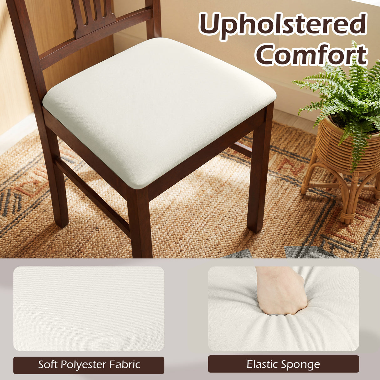 Wooden Dining Chairs Set of 2 Upholstered Kitchen Chairs with Solid Rubber Wood Frame-Beige