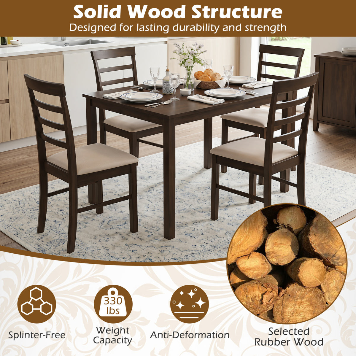 Wooden Dining Chairs Set of 4 with Fabric Cushion for Dining Room-Brown