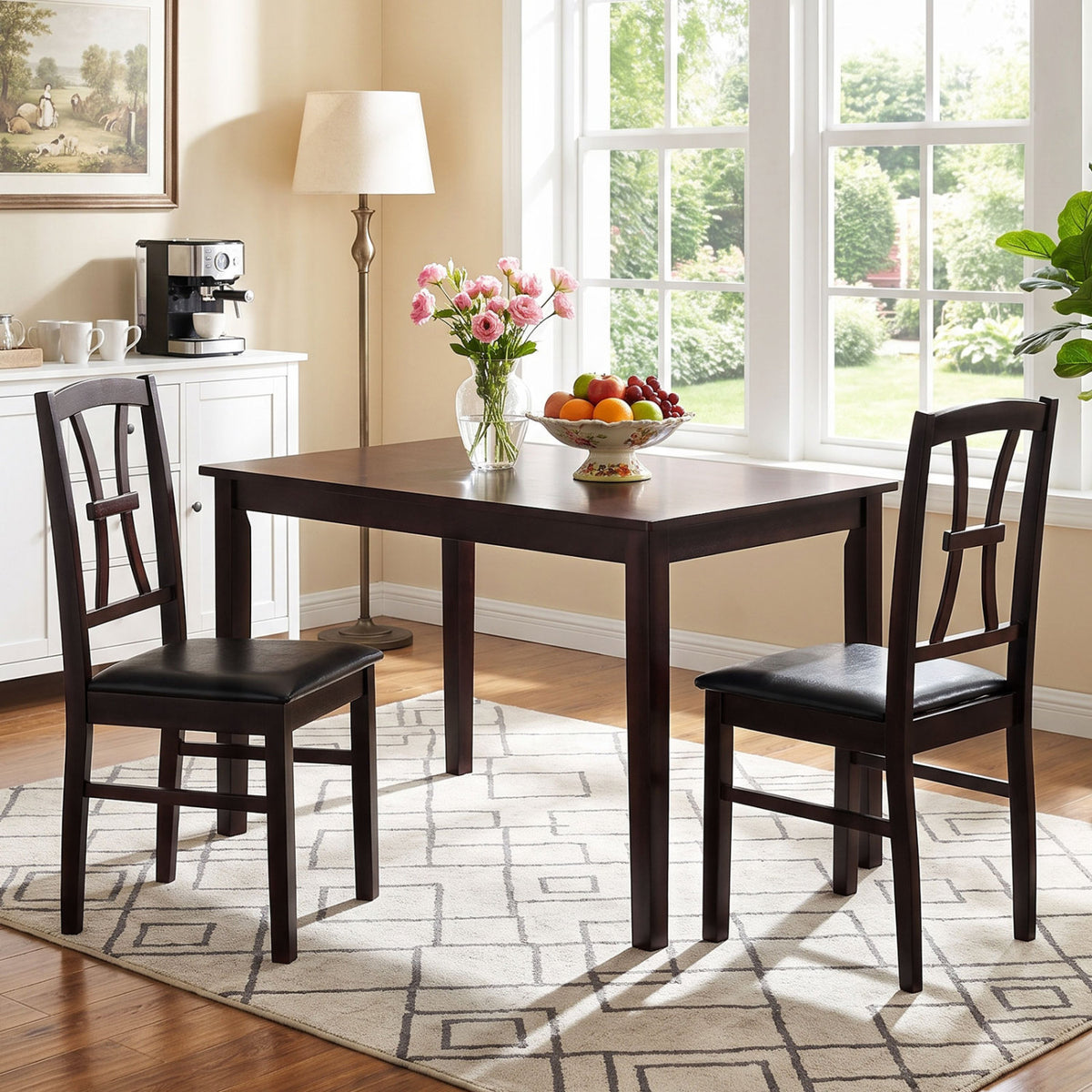 Wooden Dining Chairs Set of 2 with Faux Leather Padded Seat for Kitchen-Brown