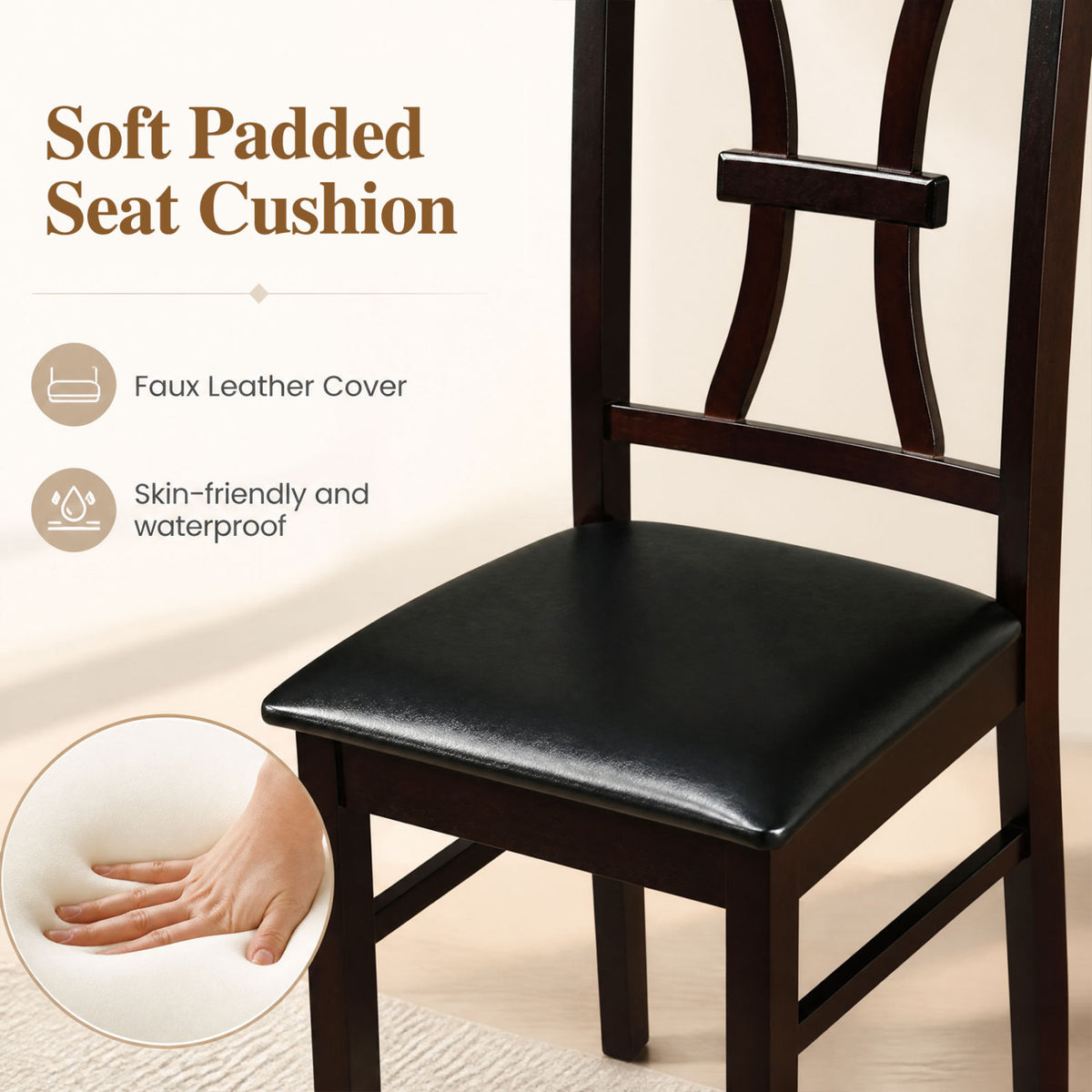 Wooden Dining Chairs Set of 2 with Faux Leather Padded Seat for Kitchen-Brown