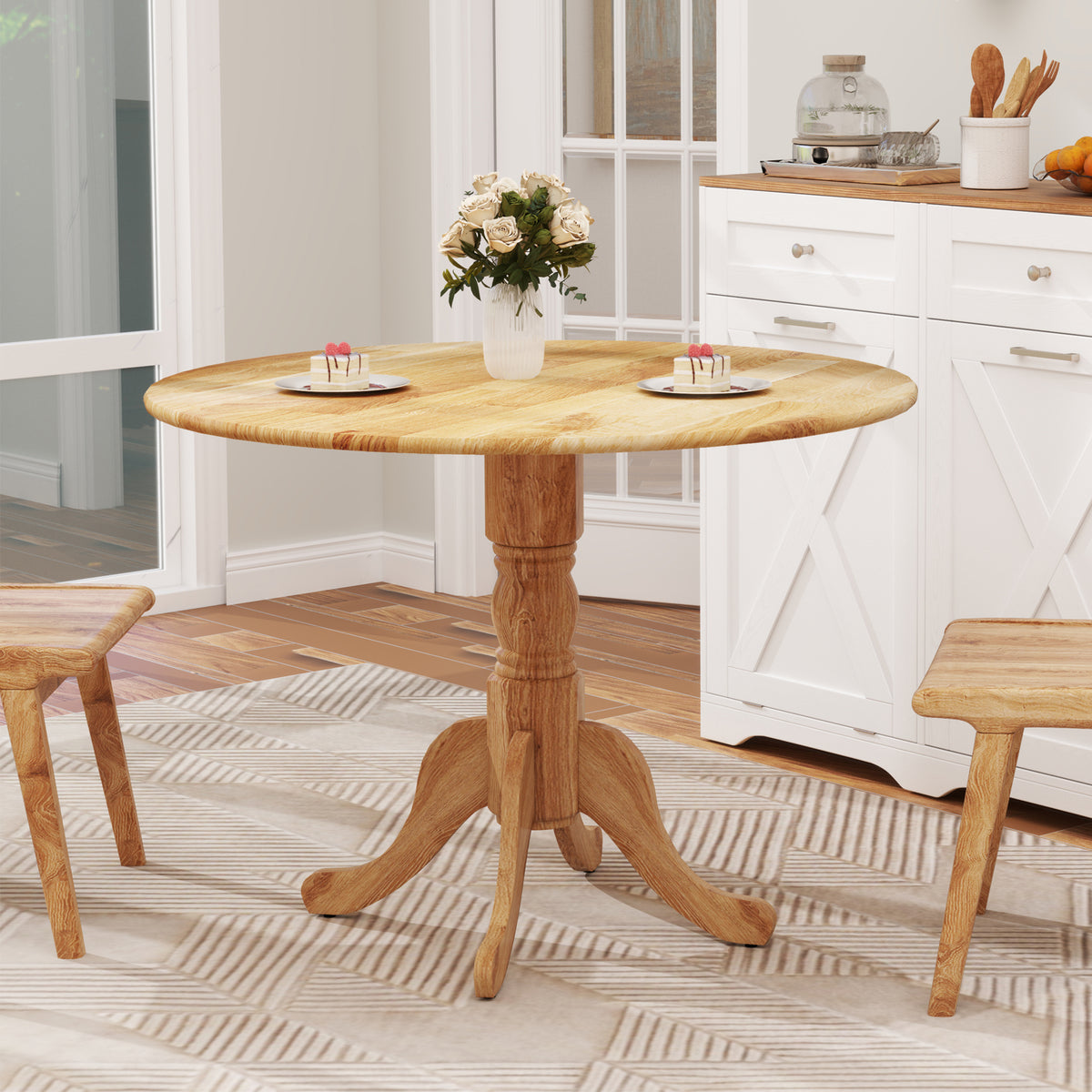 Wooden Dining Table with Round Tabletop and Curved Trestle Legs-Natural