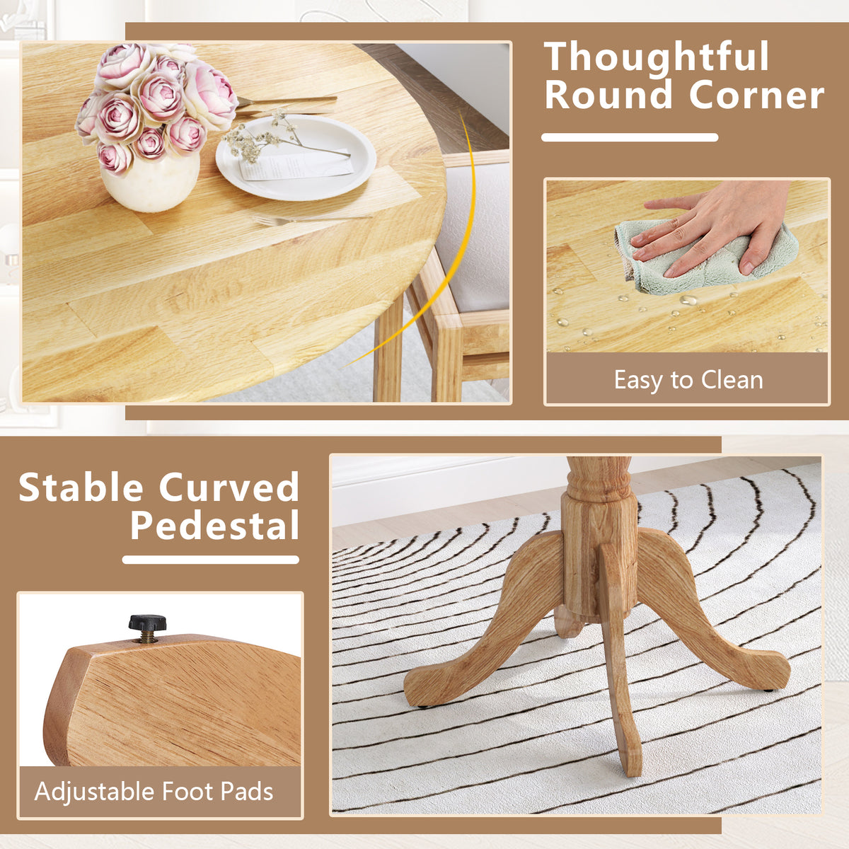 Wooden Dining Table with Round Tabletop and Curved Trestle Legs-Natural