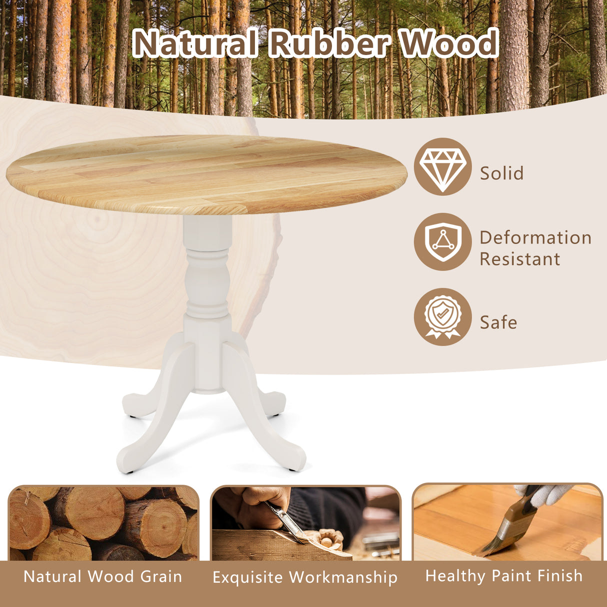 Wooden Dining Table with Round Tabletop and Curved Trestle Legs-Natural & White