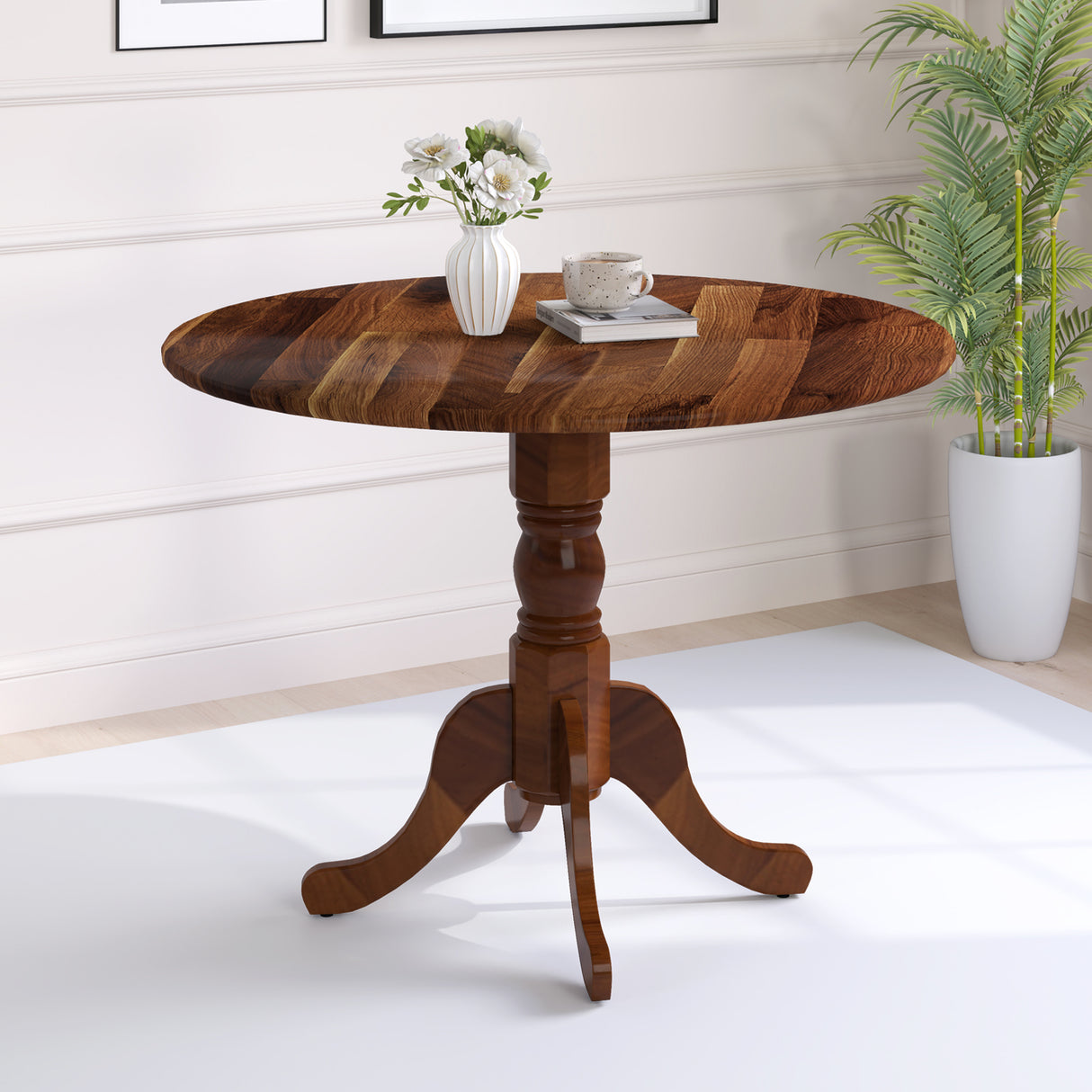 Wooden Dining Table with Round Tabletop and Curved Trestle Legs-Walnut