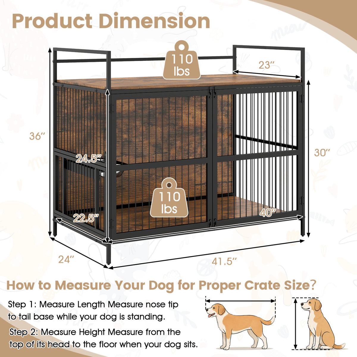 Wooden Dog Crate Furniture for Medium Dogs with Bowls and Rotatable Holder-Brown