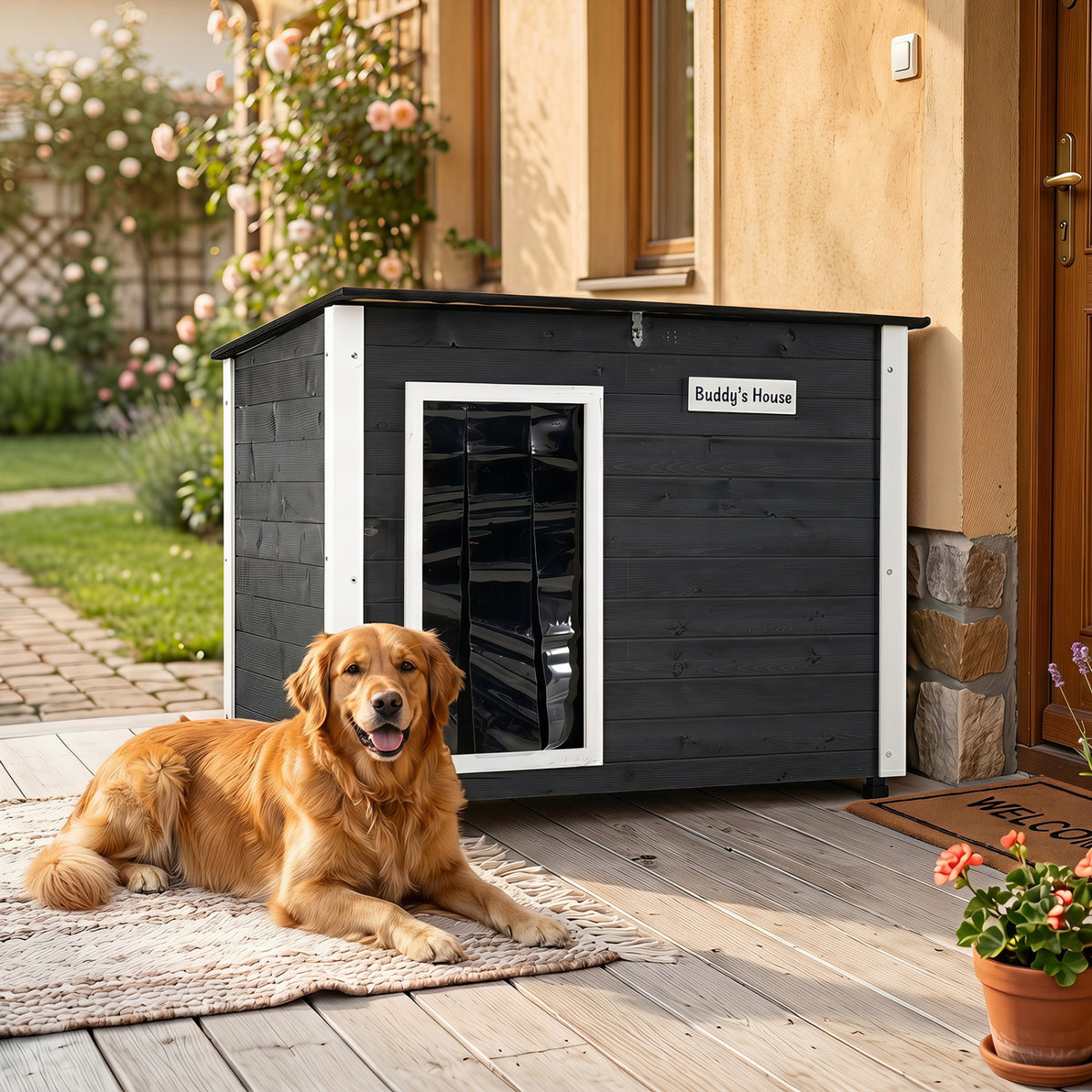 Wooden Dog House Outdoor with Natural Spruce Wood Frame Removable Floor and Openable Asphalt Roof-L