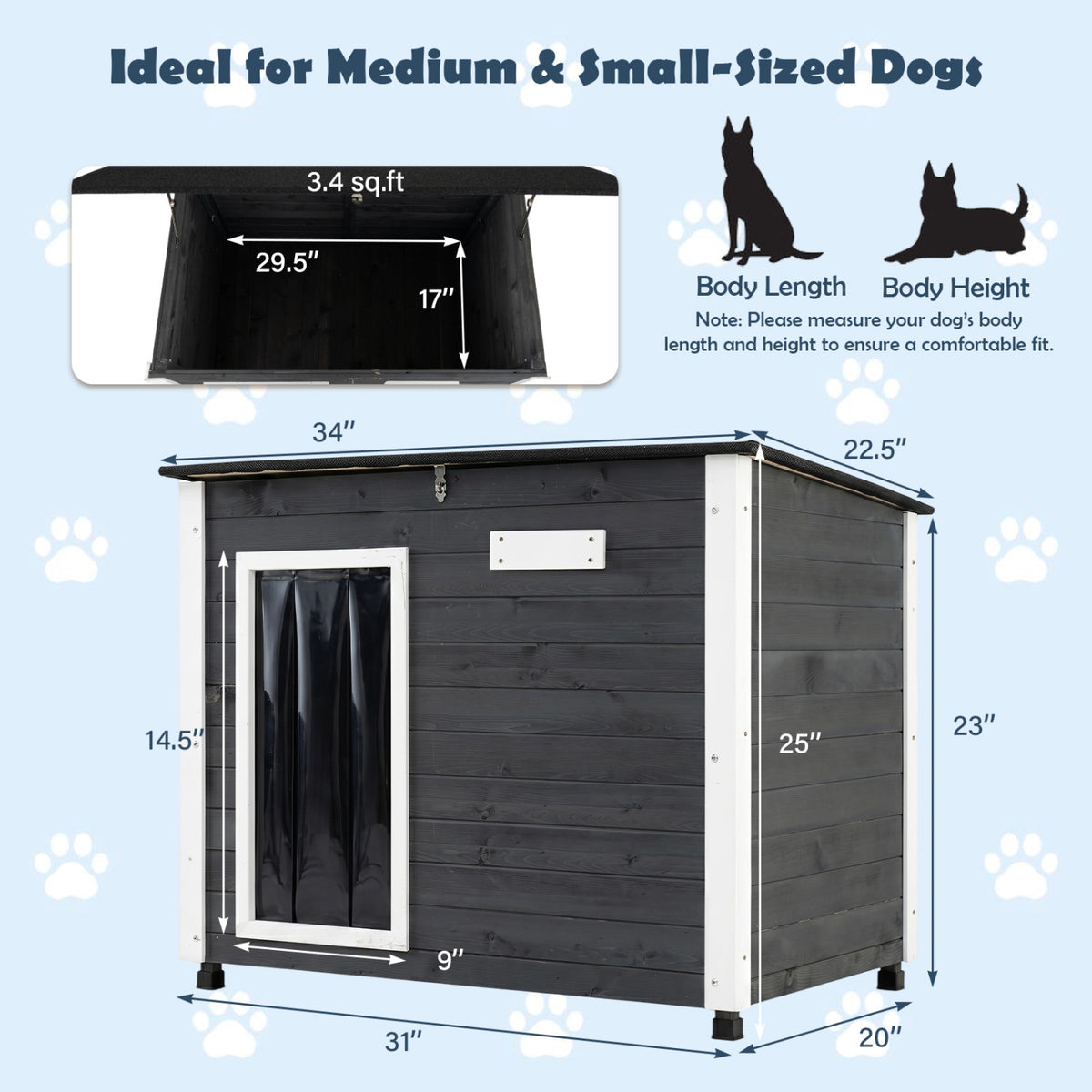 Wooden Dog House Outdoor with Natural Spruce Wood Frame Removable Floor and Openable Asphalt Roof-S