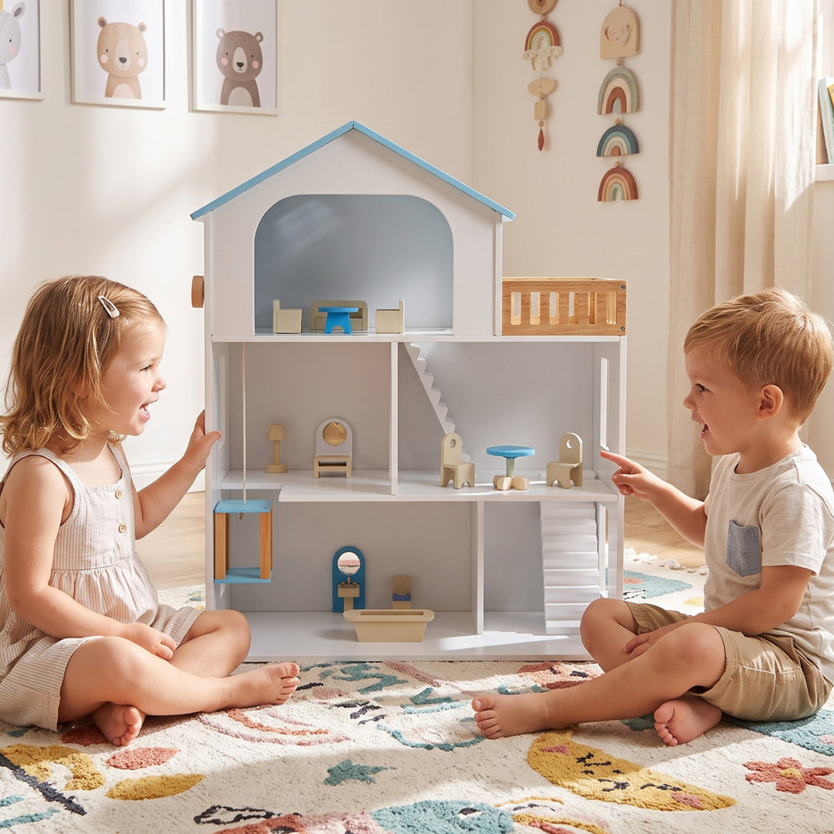 Wooden Dollhouse with 5 Rooms and Furniture Accessories for Kids-Blue