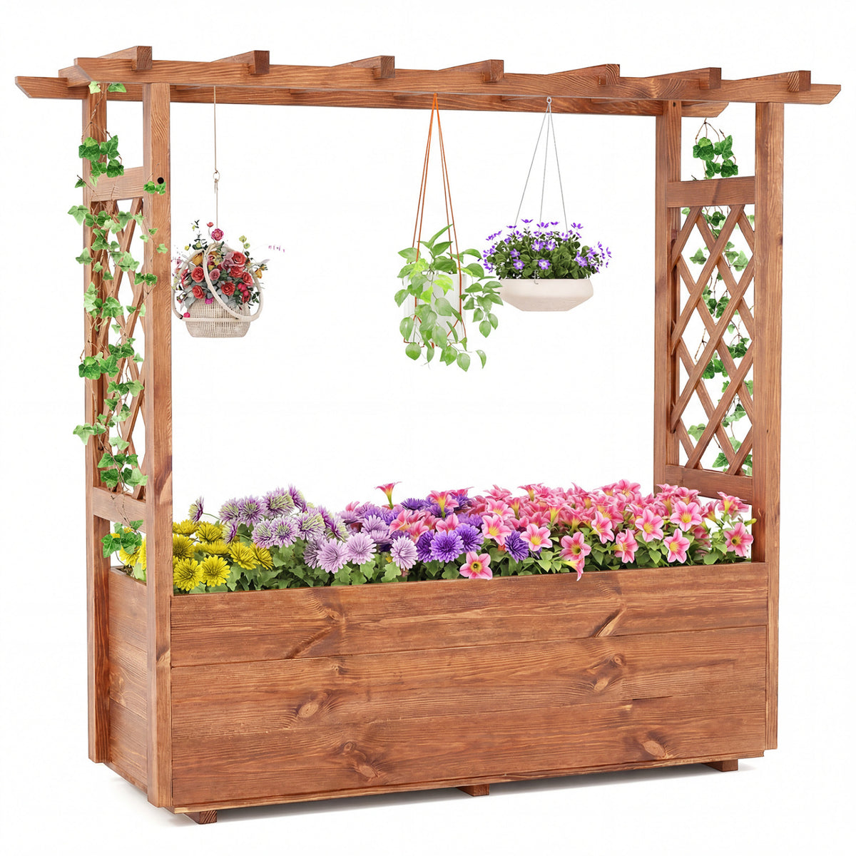 Wooden Elevated Planter Raised Garden Bed with Hanging Roof-Orange