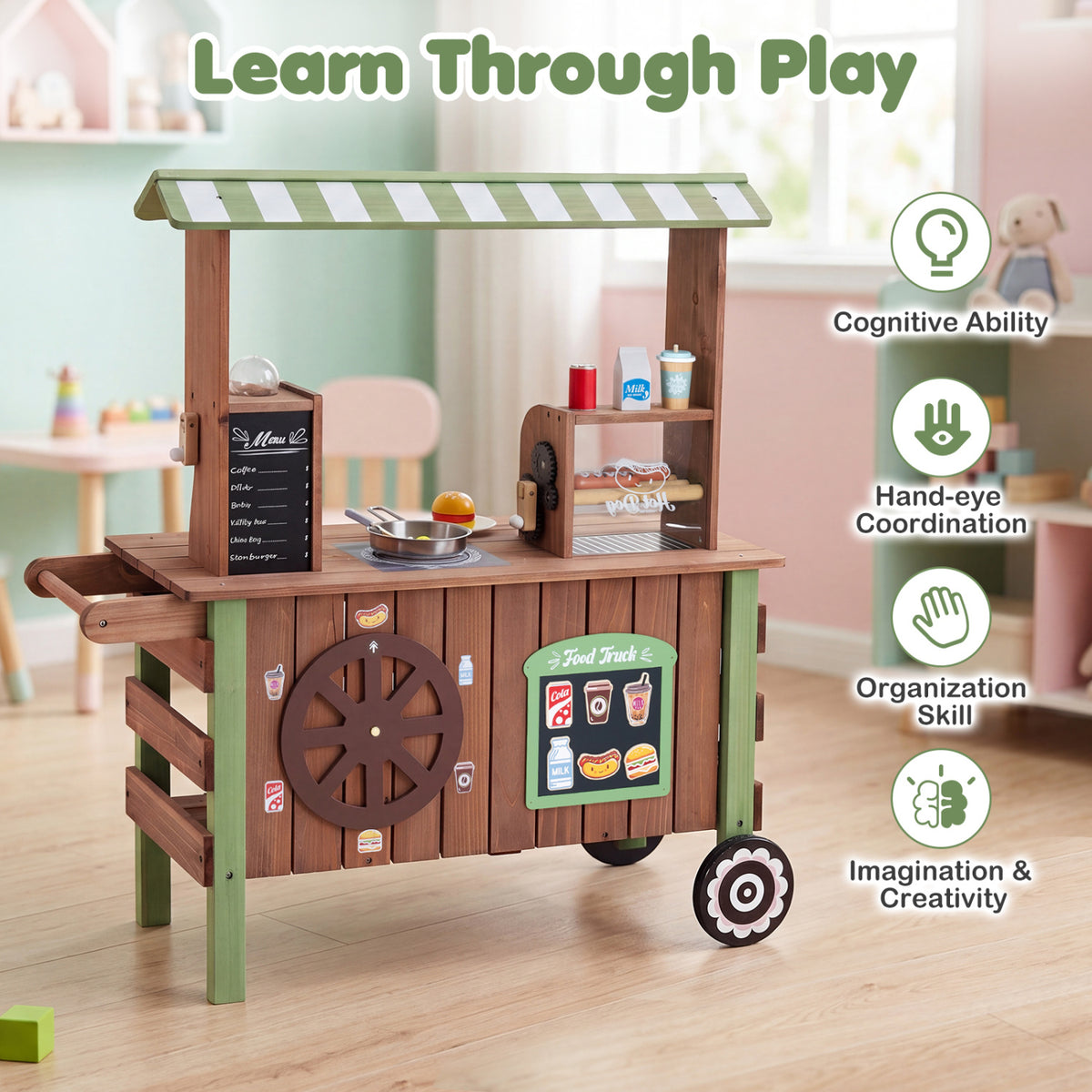Wooden Grocery Store Playset for Kids with Large Wheels