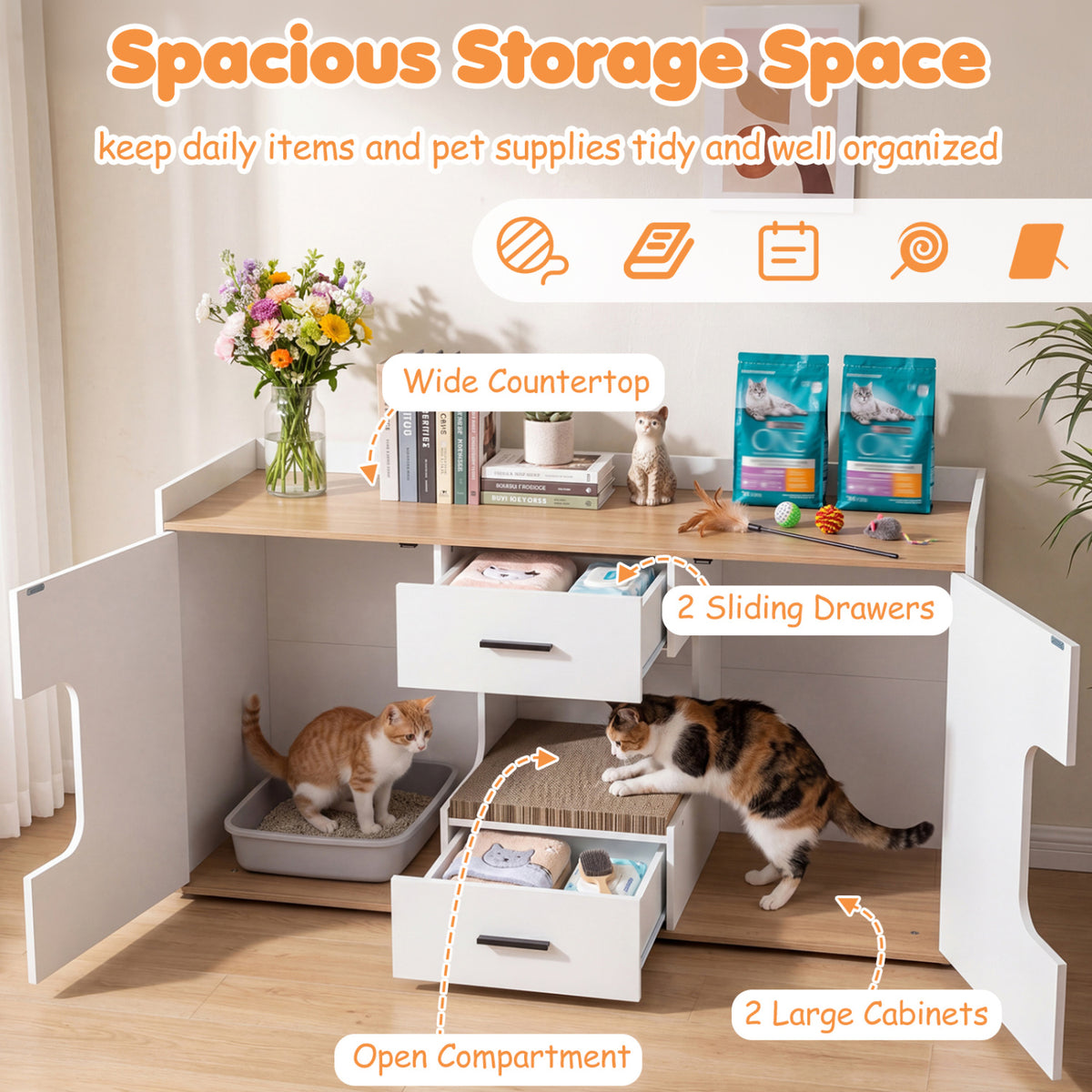 Wooden Hidden Cat House Cabinet with Wide Countertop 2 Drawers and 2 Doors-Natrual