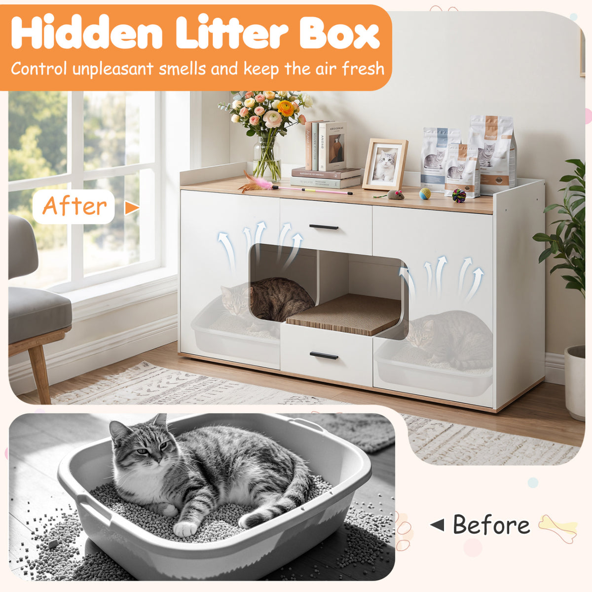 Wooden Hidden Cat House Cabinet with Wide Countertop 2 Drawers and 2 Doors-Natrual
