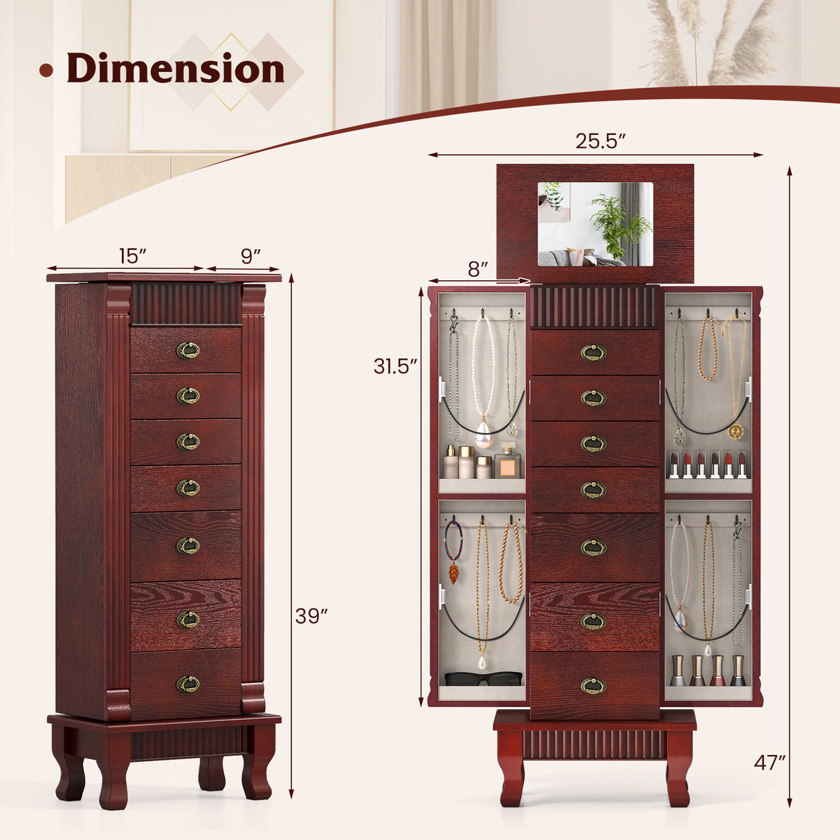 Wooden Jewelry Armoire Cabinet Storage Chest with Drawers and Swing Doors-Brown