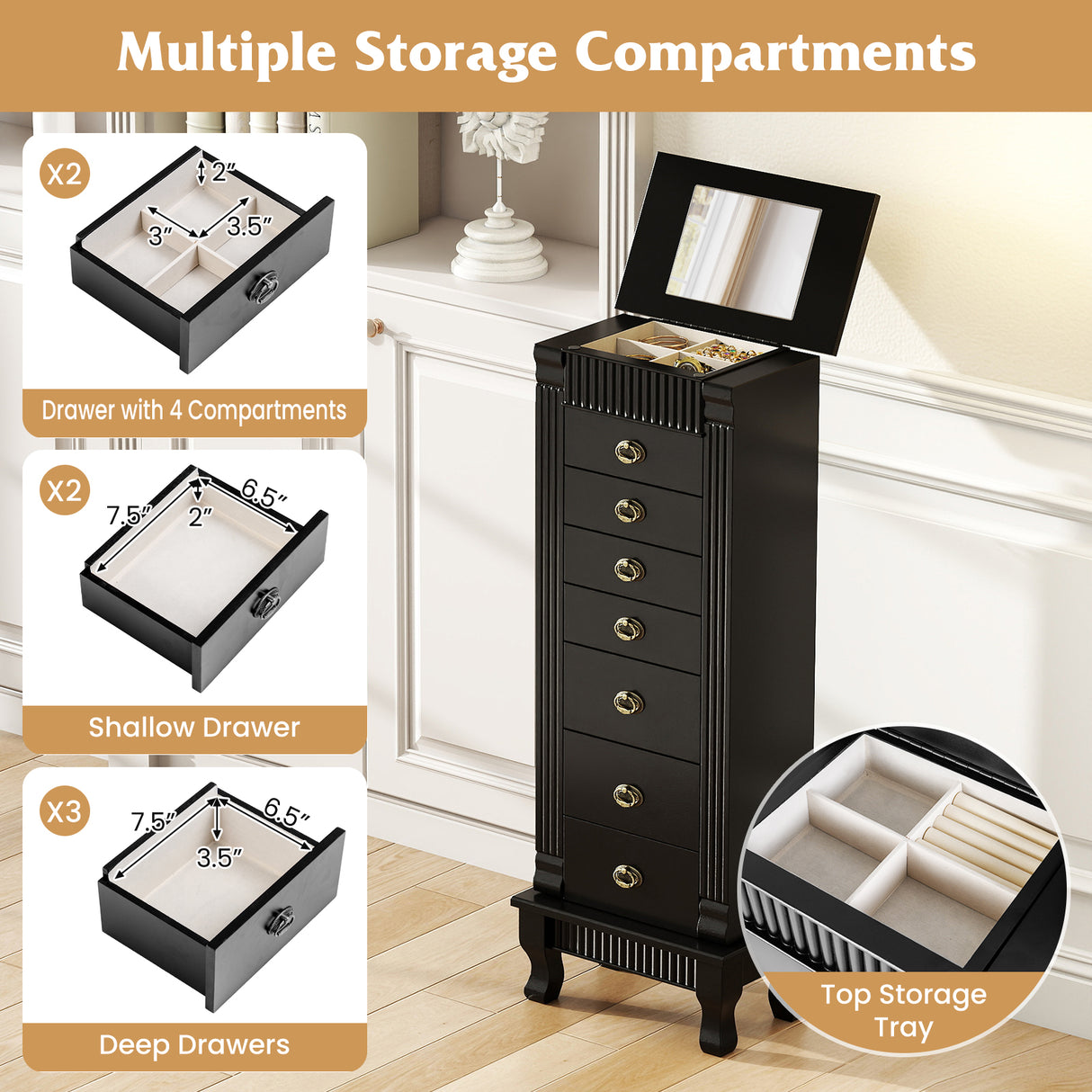 Wooden Jewelry Armoire Cabinet Storage Chest with Drawers and Swing Doors-Black