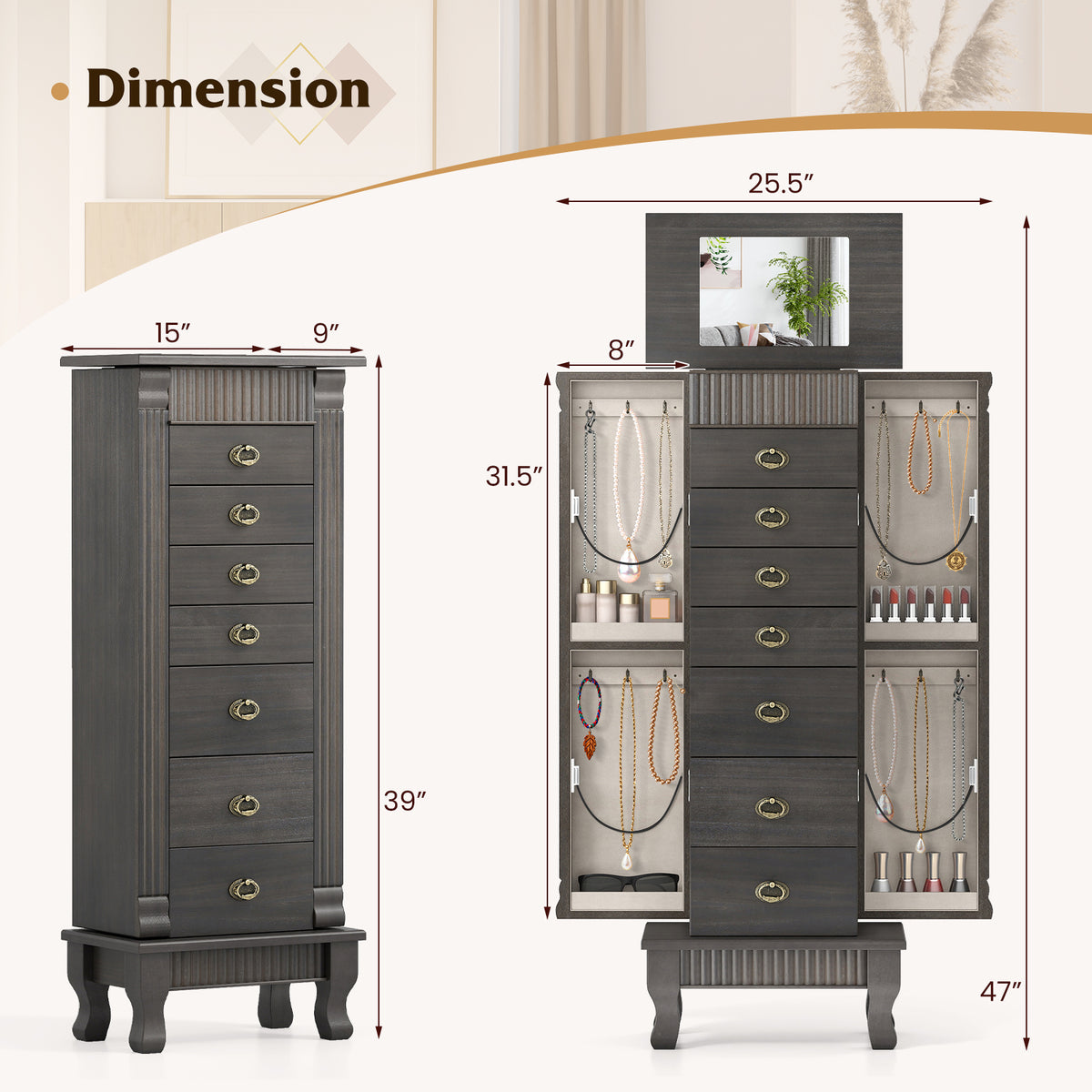 Wooden Jewelry Armoire Cabinet Storage Chest with Drawers and Swing Doors-Gray