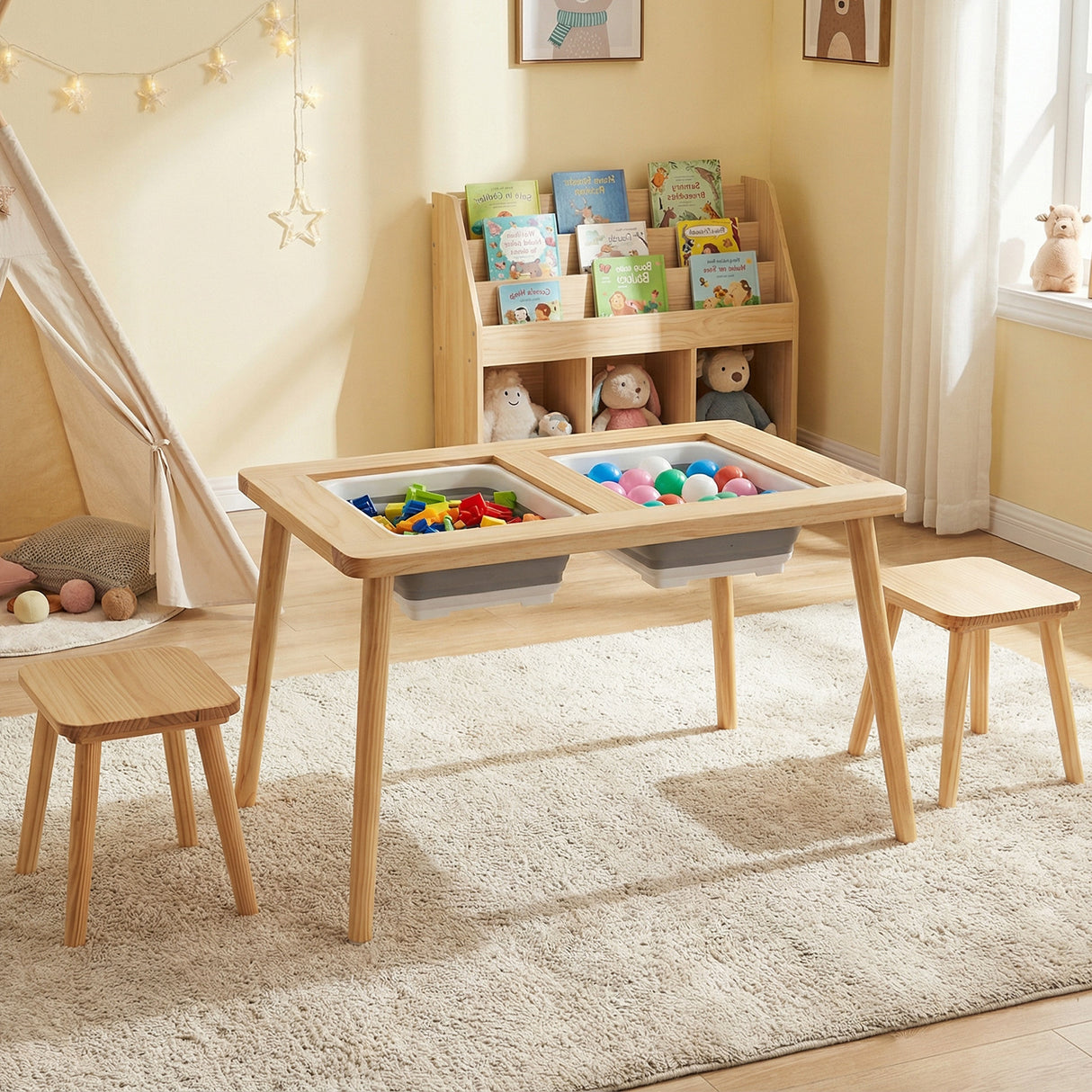 Wooden Kids Activity Table Set with 2 Foldable Storage Bins-Natural