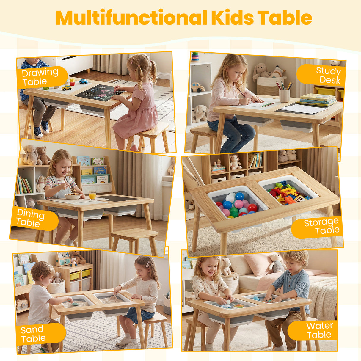 Wooden Kids Activity Table Set with 2 Foldable Storage Bins-Natural