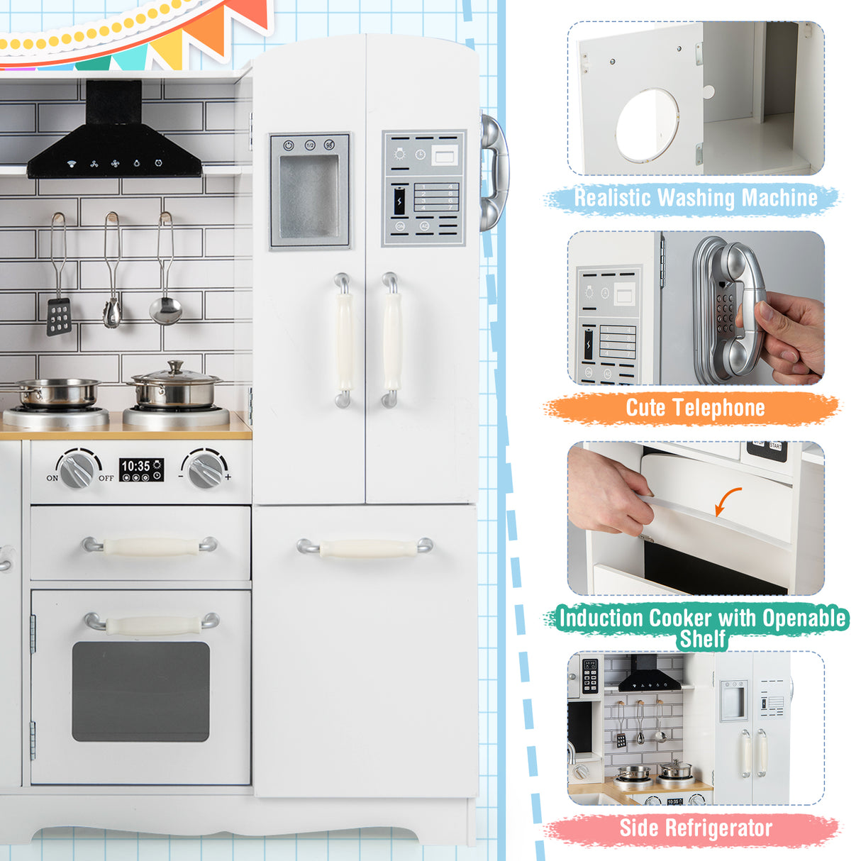 Wooden Kid's Corner Kitchen Playset with Stove for Toddlers-Natural & White