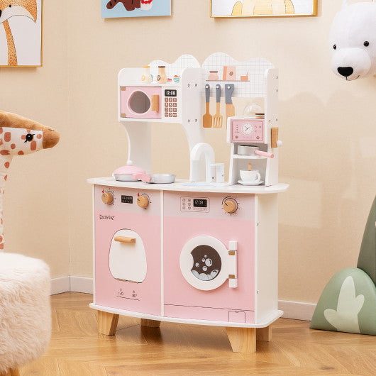 Wooden Kids Kitchen Playset with Coffee Maker for kids-Pink