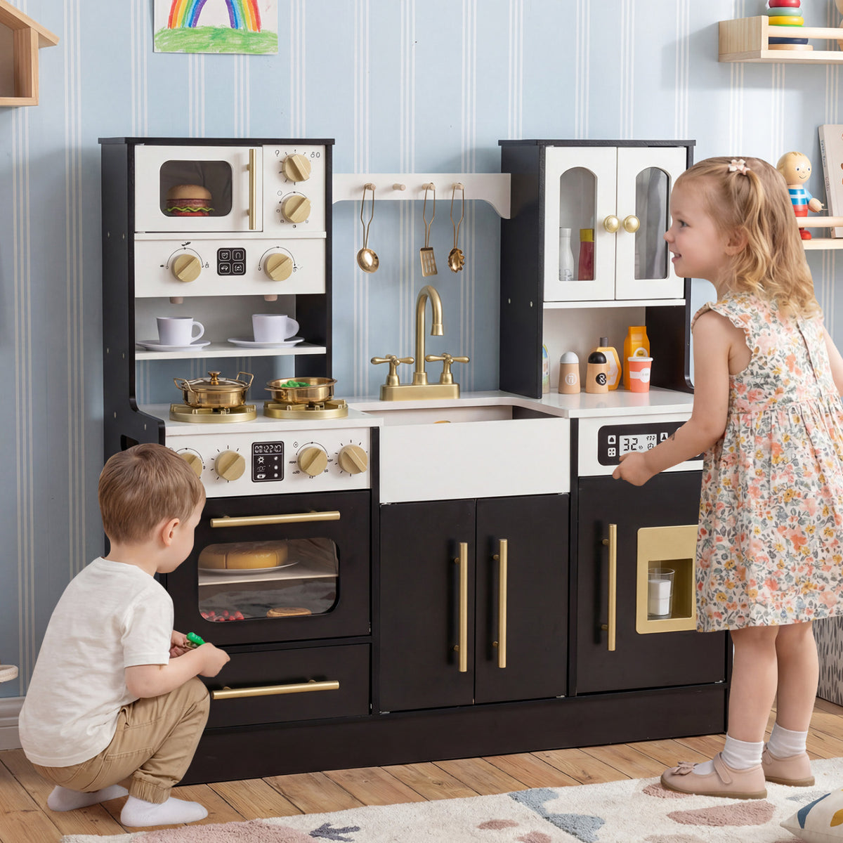 Wooden Kids Kitchen Playset with Realistic Lights and Sounds-Black